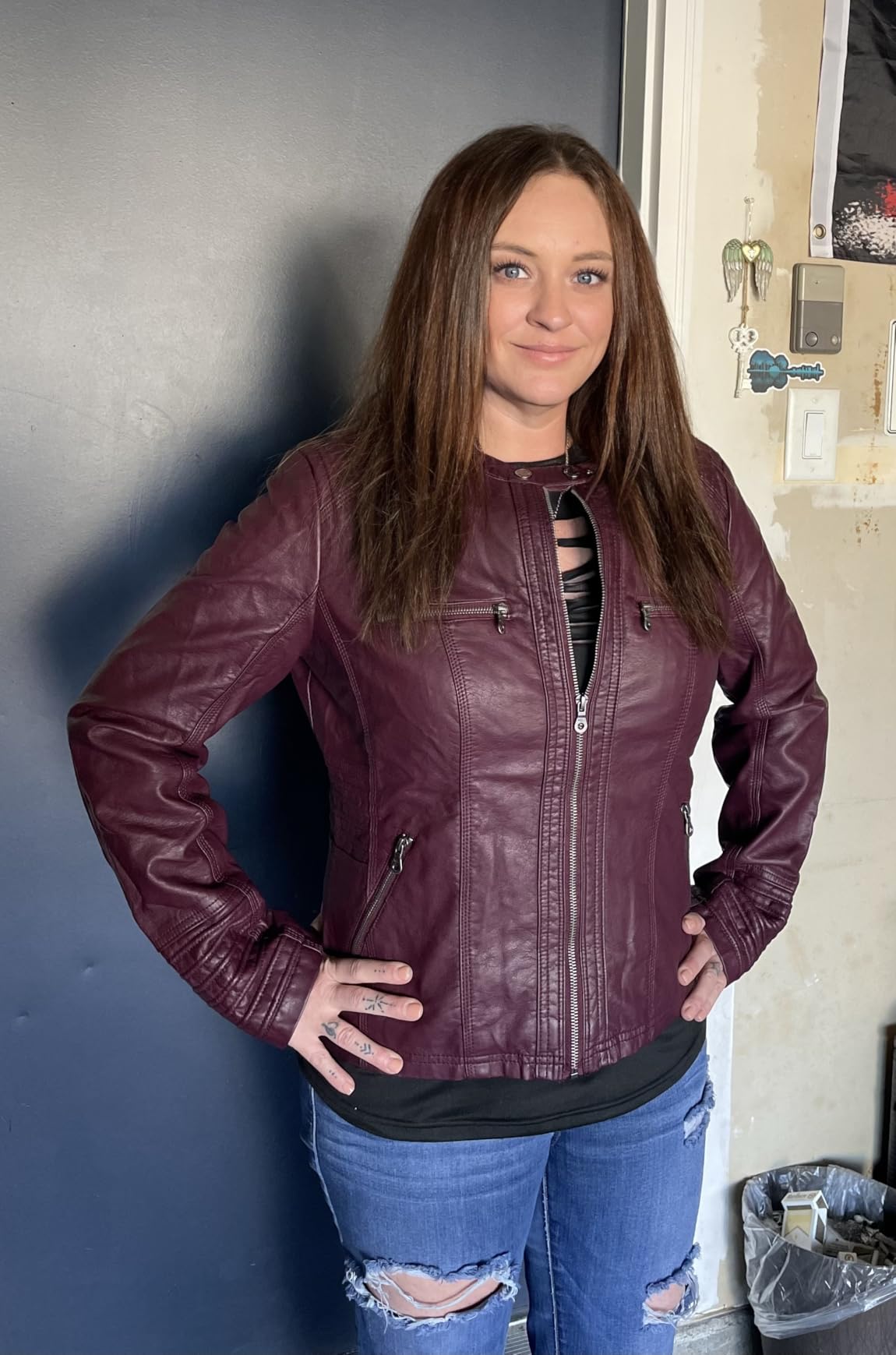 Lock and Love Women's Faux Leather Moto Biker Jacket Coat with Removable or Non-Removable Hood customer photo 1