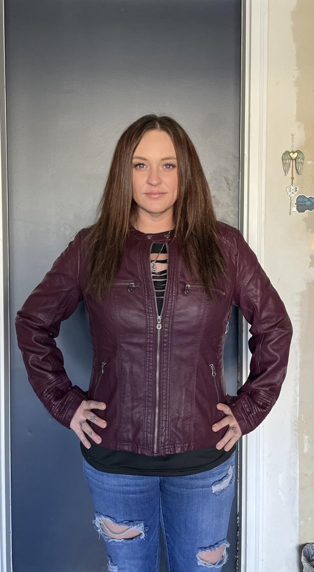 Lock and Love Women's Faux Leather Moto Biker Jacket Coat with Removable or Non-Removable Hood customer photo 2