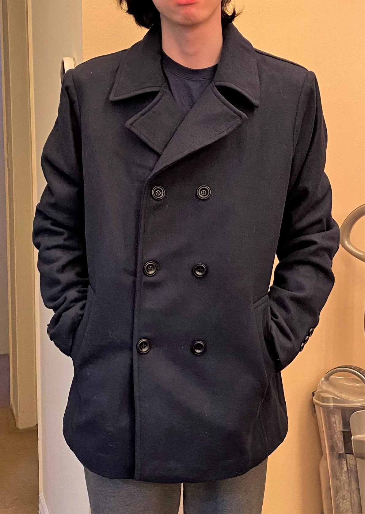 chouyatou Men's Classic Notched Collar Double Breasted Wool Blend Pea Coat customer photo 2