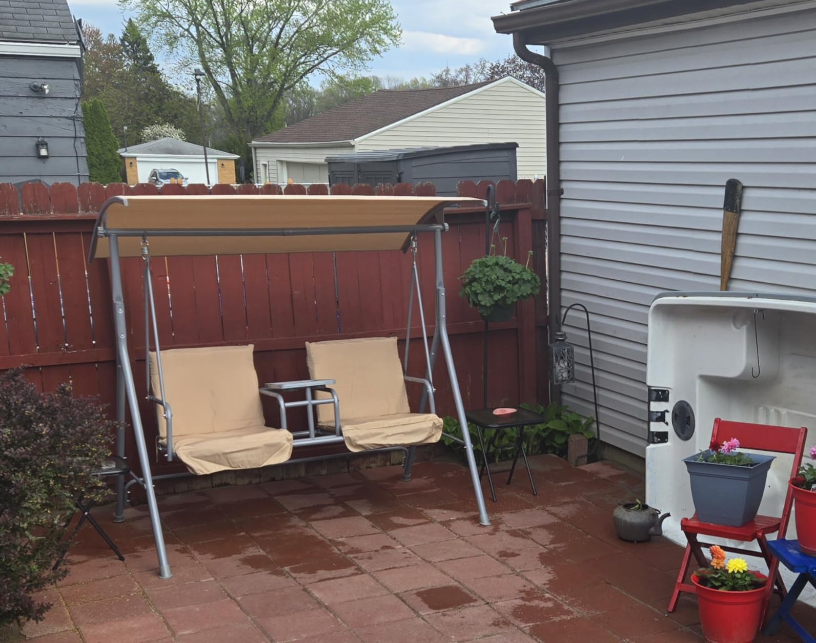 Outsunny 2 Person Porch Swing with Stand, Outdoor Swing with Canopy, Cup Holders, Cushions, Gray customer photo 1