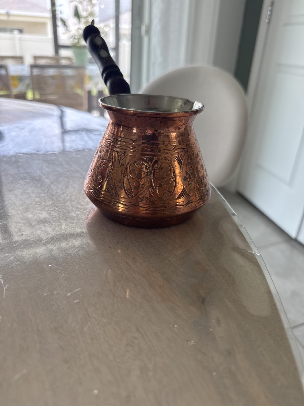 DEMMEX Copper Turkish Coffee Pot Cezve Ibrik Greek Coffee Briki Stovetop Coffee Maker with Wooden Handle & Spoon, 1mm Thick Copper, Handmade & Engraved in TURKEY, 9 fl Oz - 3 Servings customer photo 1