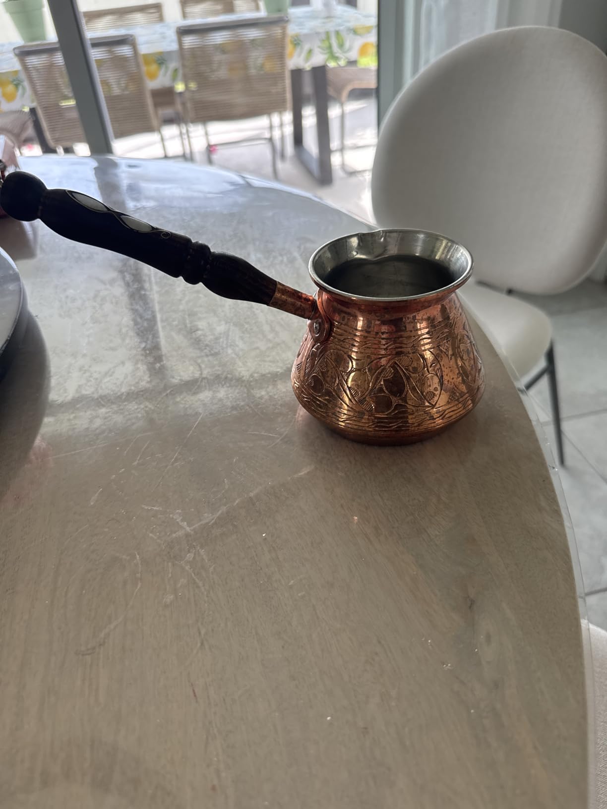 DEMMEX Copper Turkish Coffee Pot Cezve Ibrik Greek Coffee Briki Stovetop Coffee Maker with Wooden Handle & Spoon, 1mm Thick Copper, Handmade & Engraved in TURKEY, 9 fl Oz - 3 Servings customer photo 2