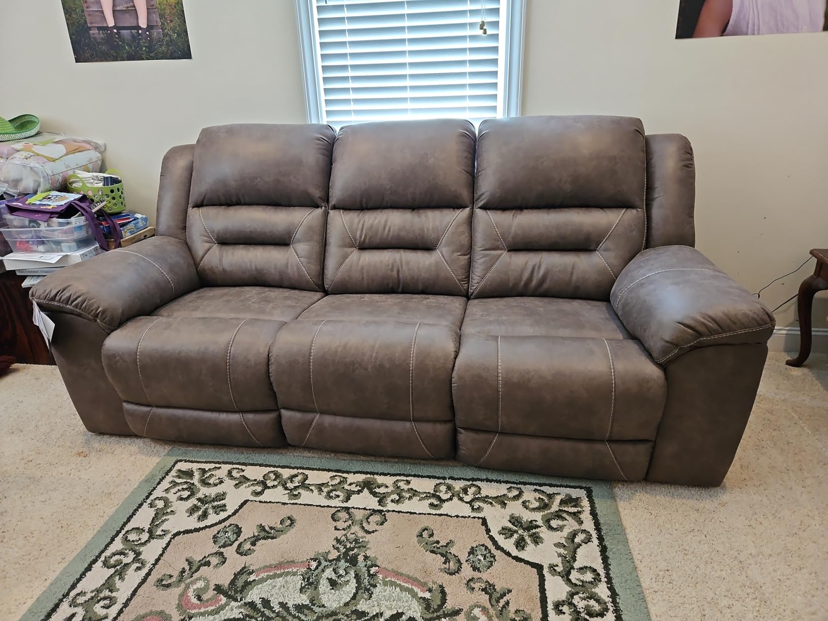 Signature Design by Ashley Stoneland Reclining Sofa, Dual-Sided Manual Recliner Couch with Faux Leather Upholstery, Wall Hugger Comfort for Living Room Seating, 90 Inches Wide, Brown customer photo 1