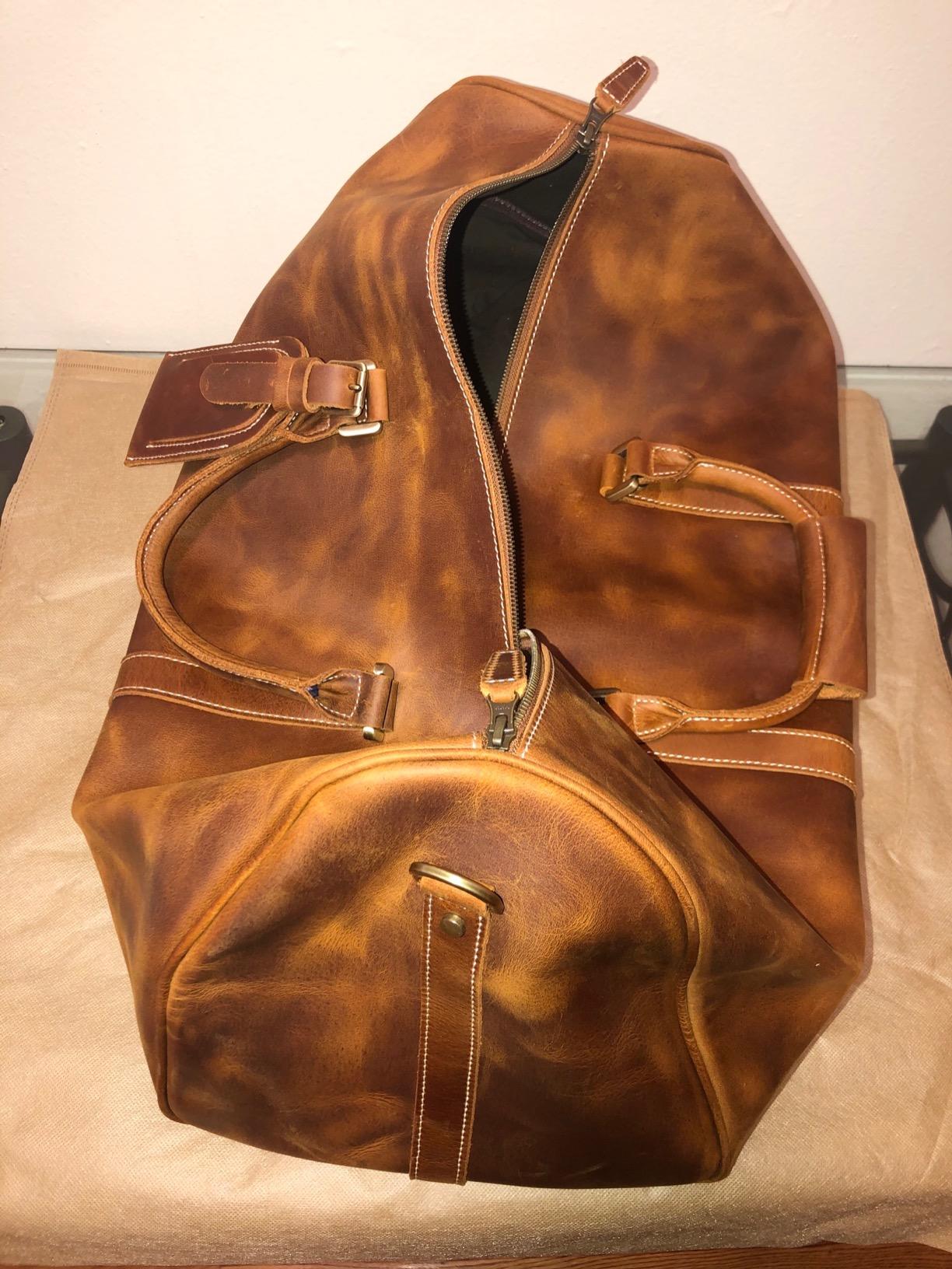 Leather Travel Duffel Bag, Mens Classic Gift Leather Weekend Bag Overnight Full Grain Retro Sport Gym Carry on Luggage YKK Zipper (Brown) customer photo 2