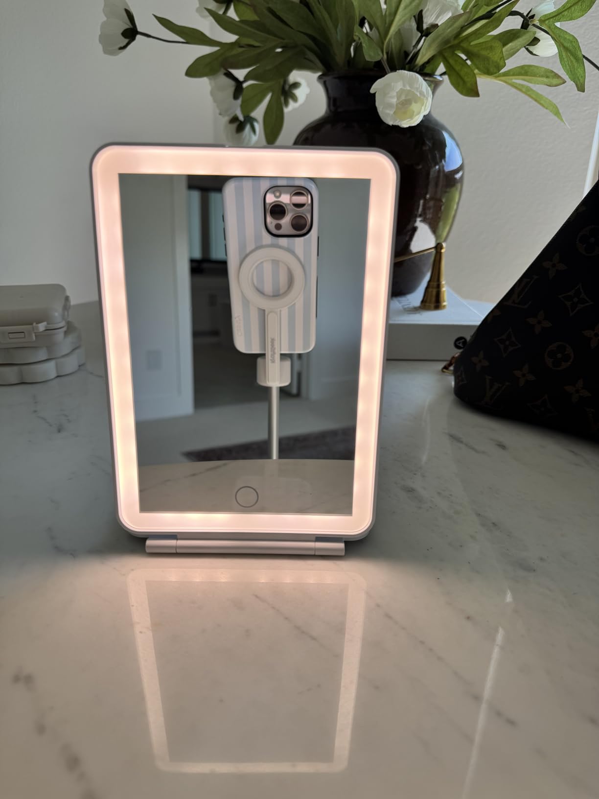 FUNTOUCH Rechargeable Travel Makeup Mirror with 72 LED Lights, Portable Lighted Beauty Mirror, 3 Color Lighting, Dimmable Touch Screen, Tabletop LED Folding Cosmetic Vanity Mirror customer photo 2