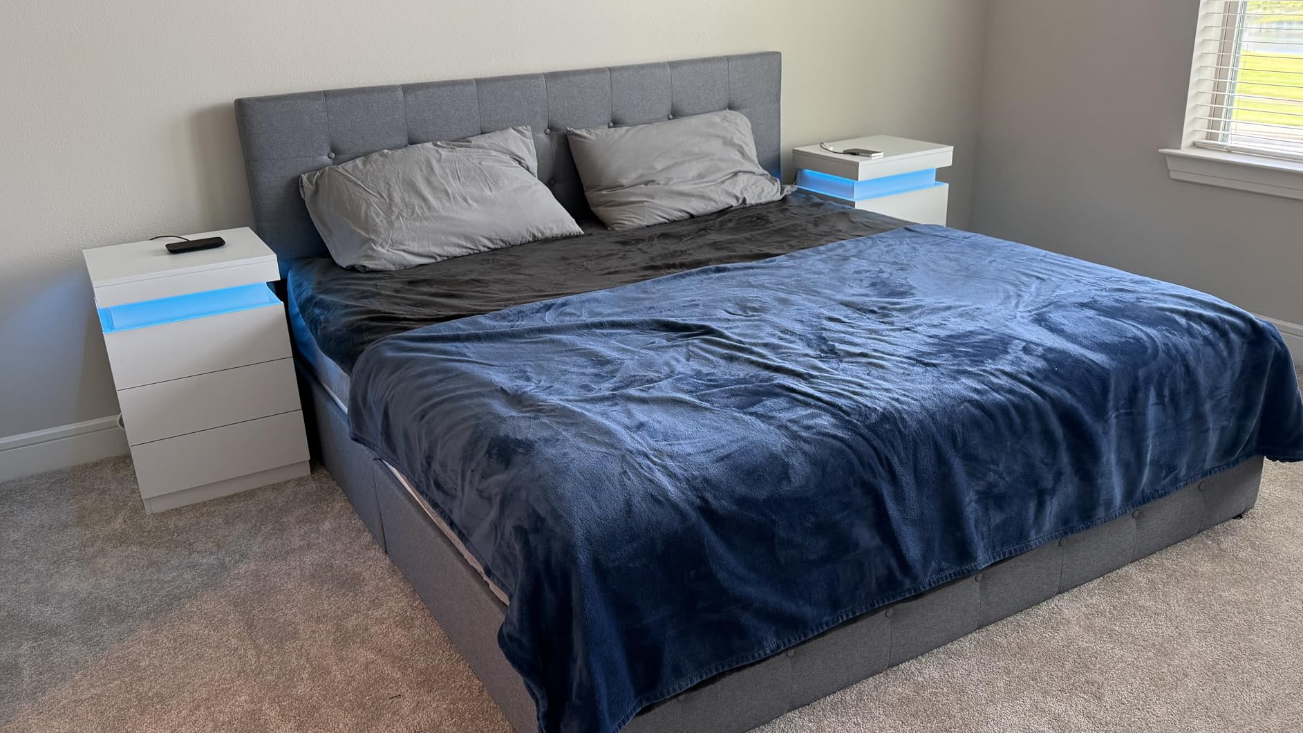 Upholstered Queen Size Platform Bed Frame with 4 Storage Drawers and Headboard, Square Stitched Button Tufted, Mattress Foundation with Wooden Slats Support, No Box Spring Needed, Dark Grey customer photo 1