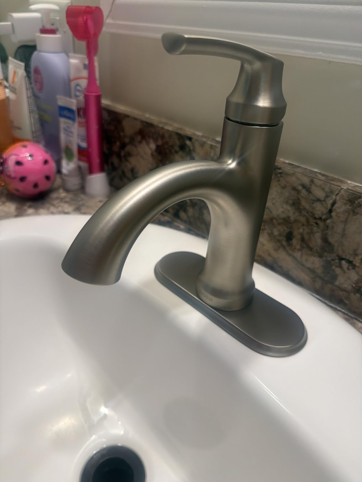 Moen Wellton Spot Resist Brushed Nickel One Hole Single-Handle Bathroom Faucet with Optional Deck Plate and Drain Assembly 84980SRN customer photo 1
