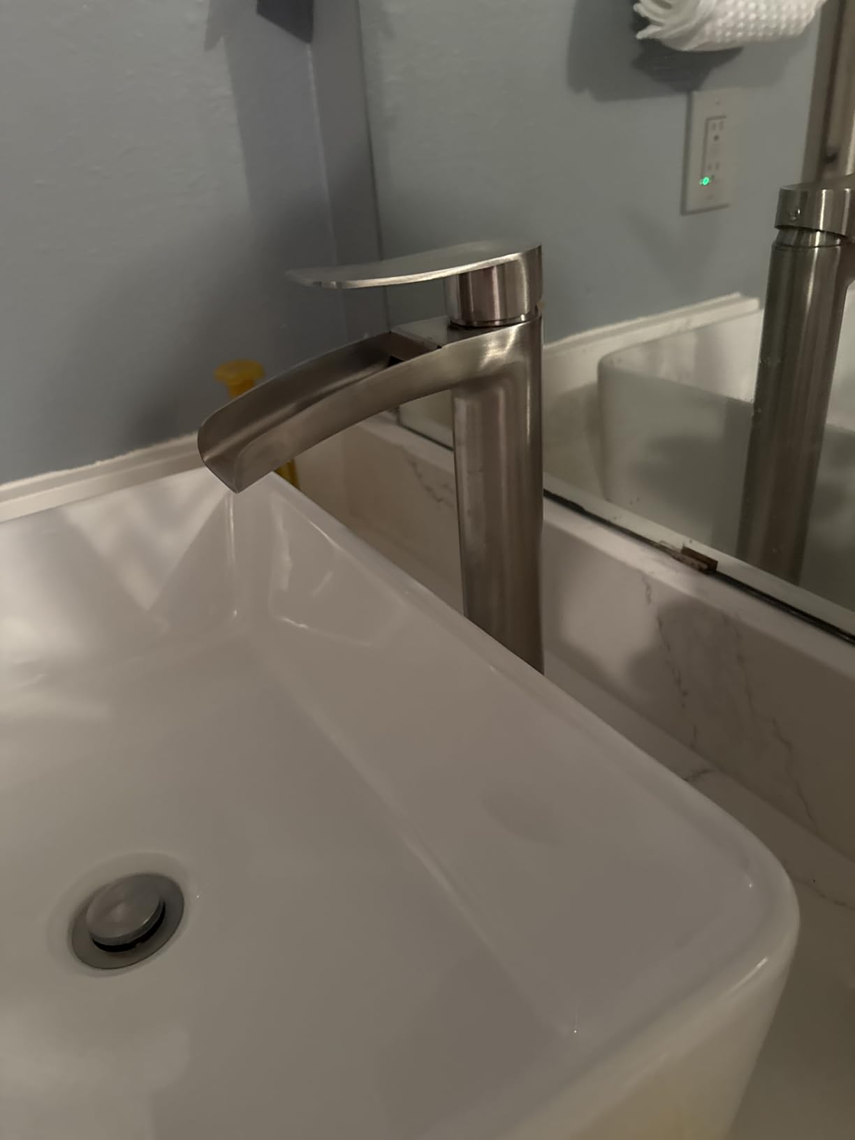 Phiestina Brushed Nickel Tall Bathroom Vessel Sink Faucet, Single Hole Single Handle Waterfall Modern Above Countertop Sink Bathroom Faucet, with Pop Up Drain and Water Supply Line, NS-SF01-BN-V customer photo 1