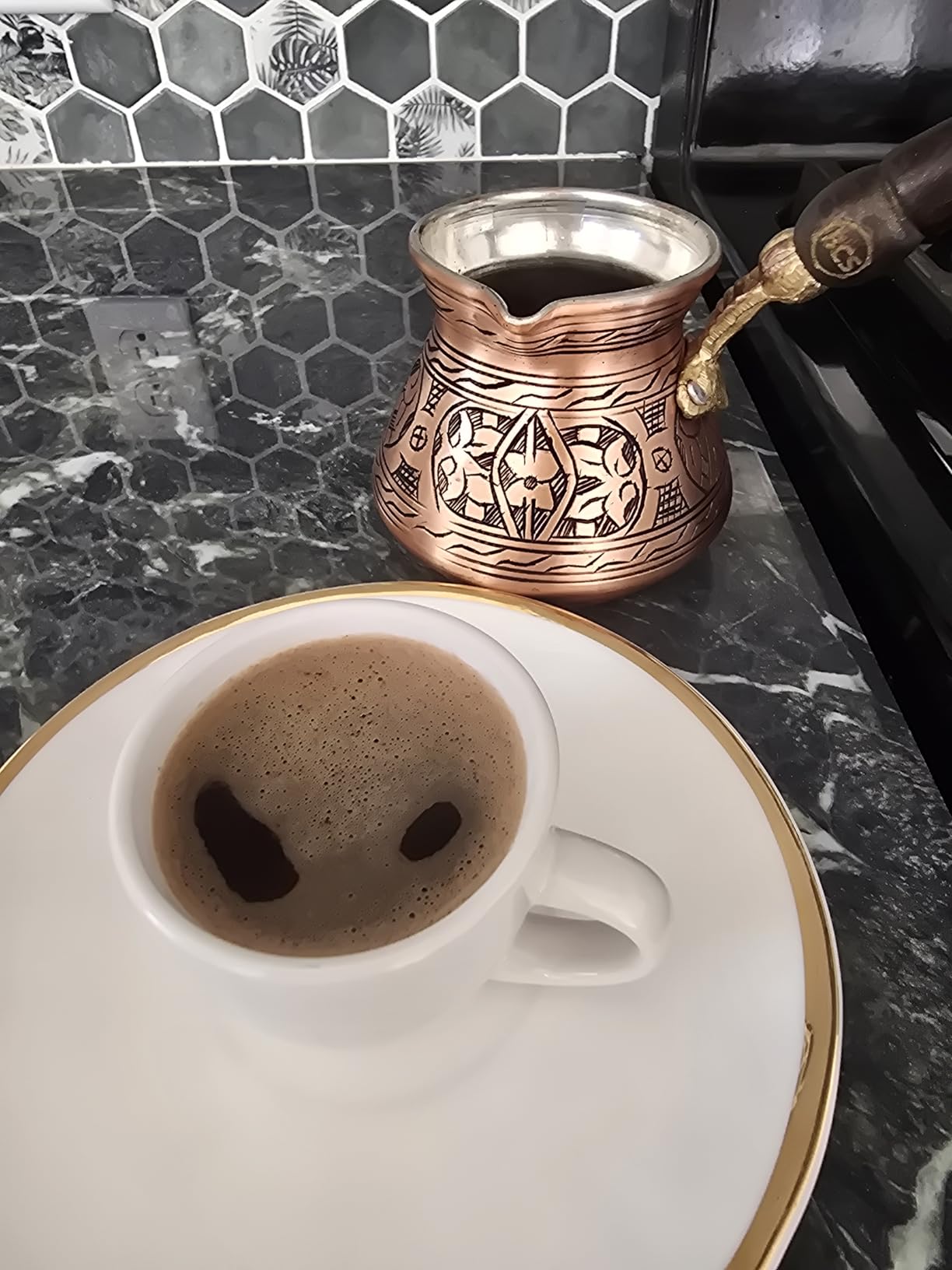 BCS 12 Oz Copper Turkish Greek Arabic Coffee Pot with Wooden Handle (4 servings) Cezve Ibrik Briki Stovetop Coffee Maker (Includes Wooden Spoon) customer photo 1