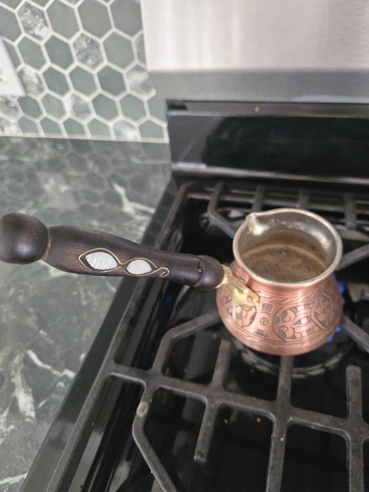 BCS 12 Oz Copper Turkish Greek Arabic Coffee Pot with Wooden Handle (4 servings) Cezve Ibrik Briki Stovetop Coffee Maker (Includes Wooden Spoon) customer photo 2