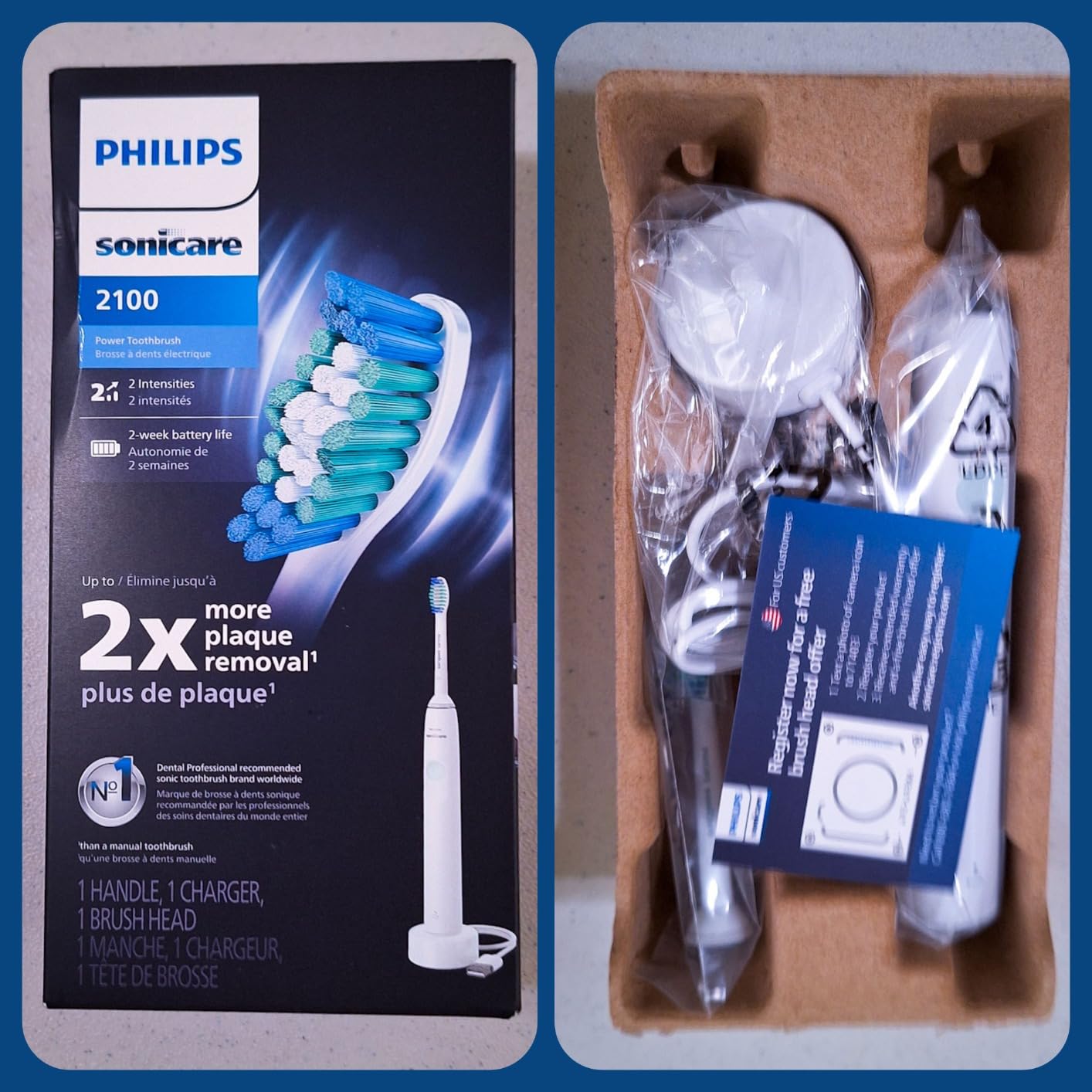 2100 Series Electric Toothbrush - Sonic Toothbrush with Advanced Sonic Technology, Two Intensity Settings, Smartimer & Quadpacer, White, Model HX3661/04 customer photo 1