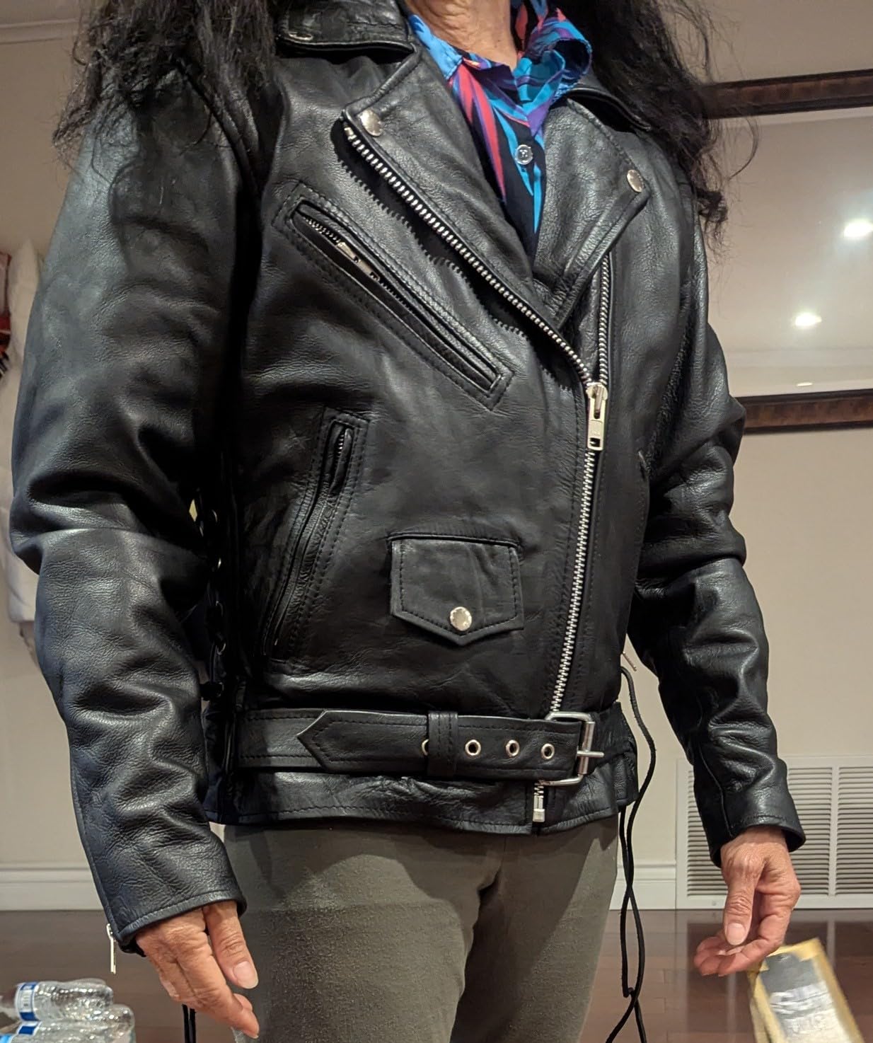 Dream Apparel Women's Classic Leather Motorcycle Jacket with Zip Out Lining, Biker Jacket for Ladies with Side Laces, Black customer photo 2