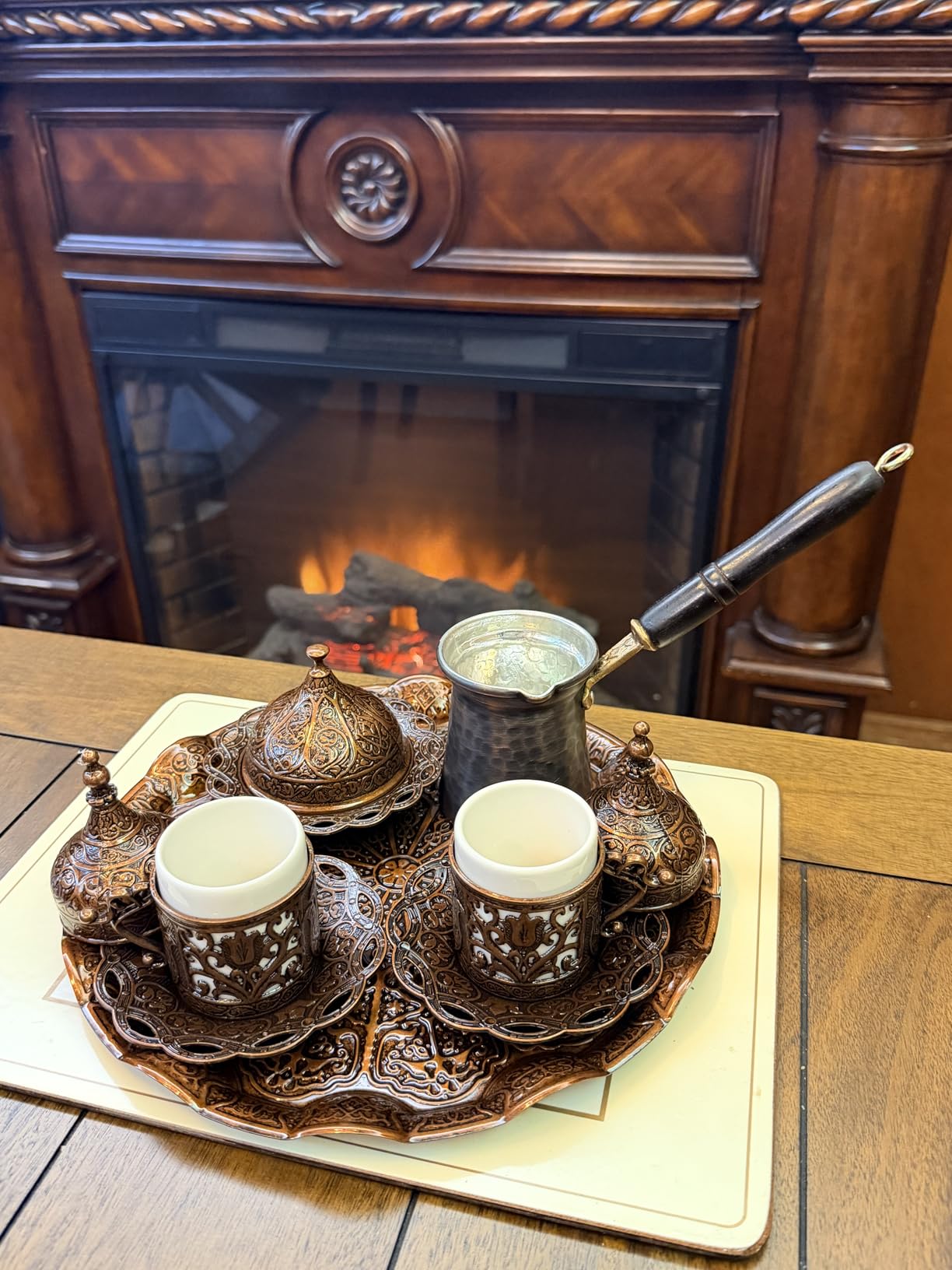 DEMMEX Turkish Greek Arabic Coffee Making and Serving Full Set with Cups Saucers Lids Sugar Bowl Tray and Copper Coffee Pot, 12 Pcs customer photo 1