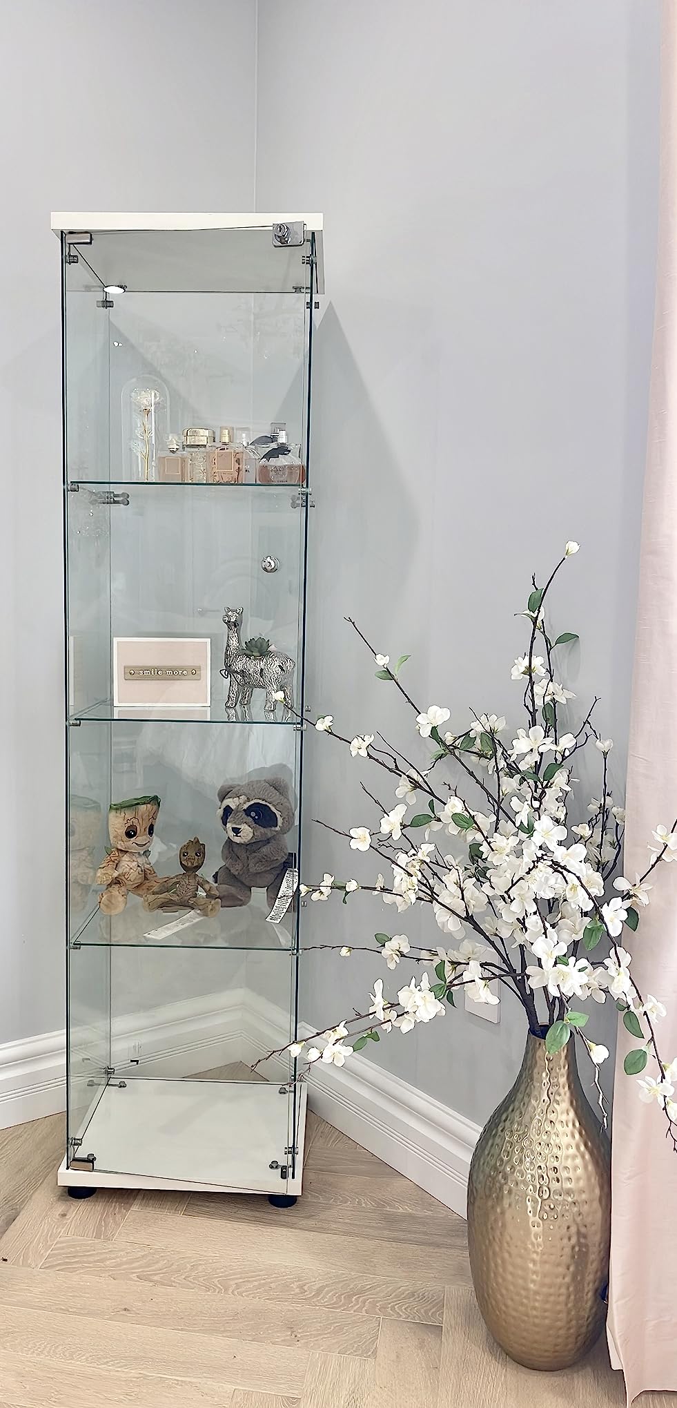 LFT HUIMEI2Y Glass Display Cabinet with Door & Lock, 4-Tier Curio Cabinet for Collectibles, Figures, Wine, Tempered Glass Display Case for Living Room Bedroom Office, 65