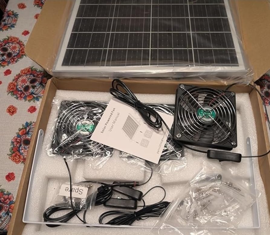 Solar Powered Fan, Solar Fan for Shed, Chicken Coop, Greenhouse, Outside with Two IPX7 Waterproof 5In Fans 13Ft On/Off Switch Cable Exhaust Intake Mounting Way and Installation Kits customer photo 1