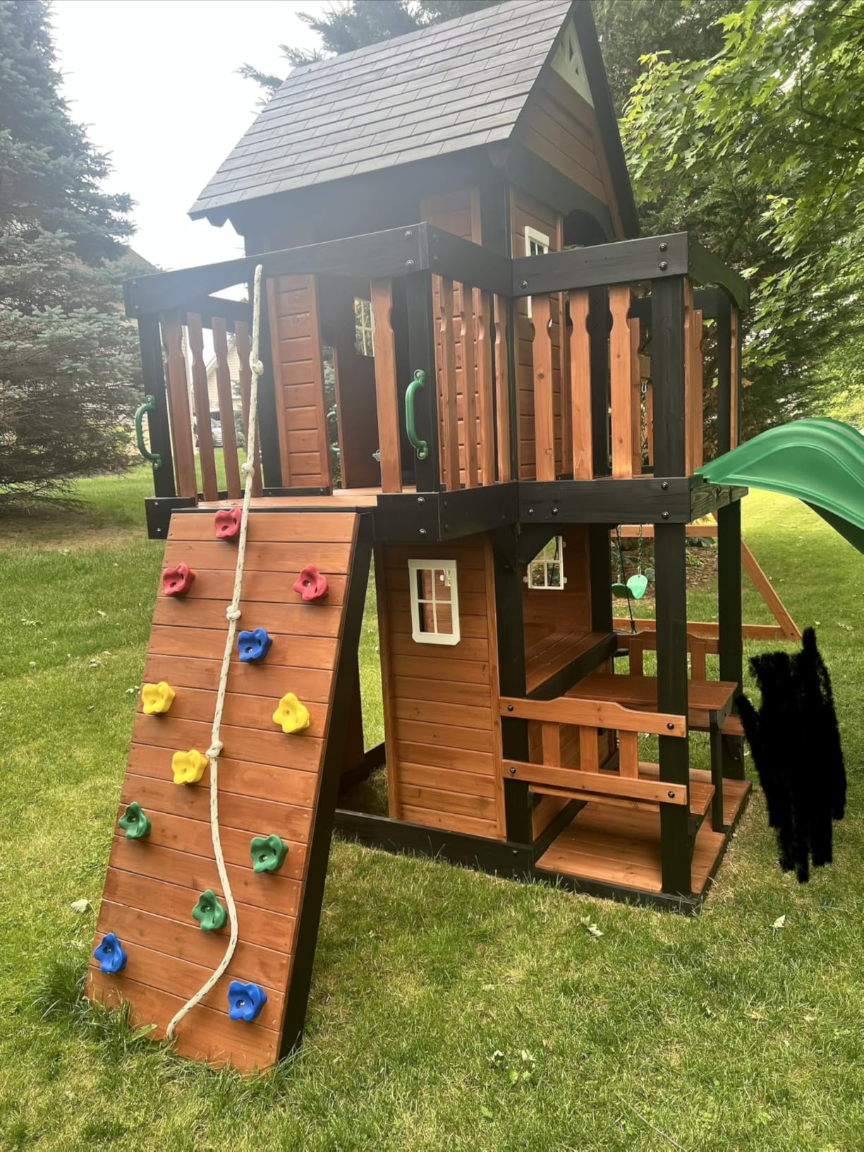 Backyard Discovery Canyon Creek Cedar Wood Swing Set with Wave Slide, Clubhouse, Play Kitchen, Picnic Area, Belt Swings, Web Swing, Rock Wall, Balconies, Playhouse, Step Ladder, Outdoor Playset customer photo 1