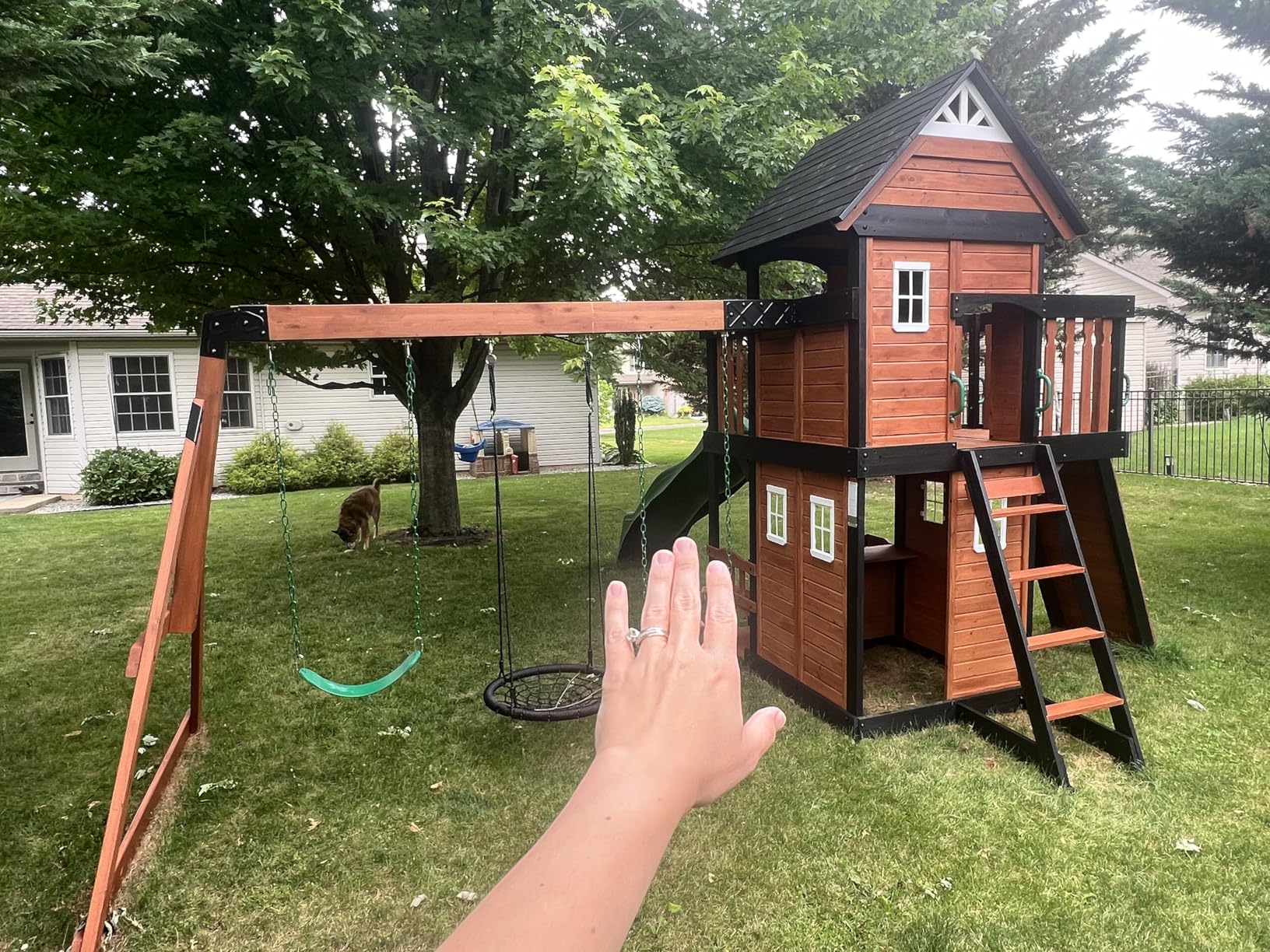 Backyard Discovery Canyon Creek Cedar Wood Swing Set with Wave Slide, Clubhouse, Play Kitchen, Picnic Area, Belt Swings, Web Swing, Rock Wall, Balconies, Playhouse, Step Ladder, Outdoor Playset customer photo 2