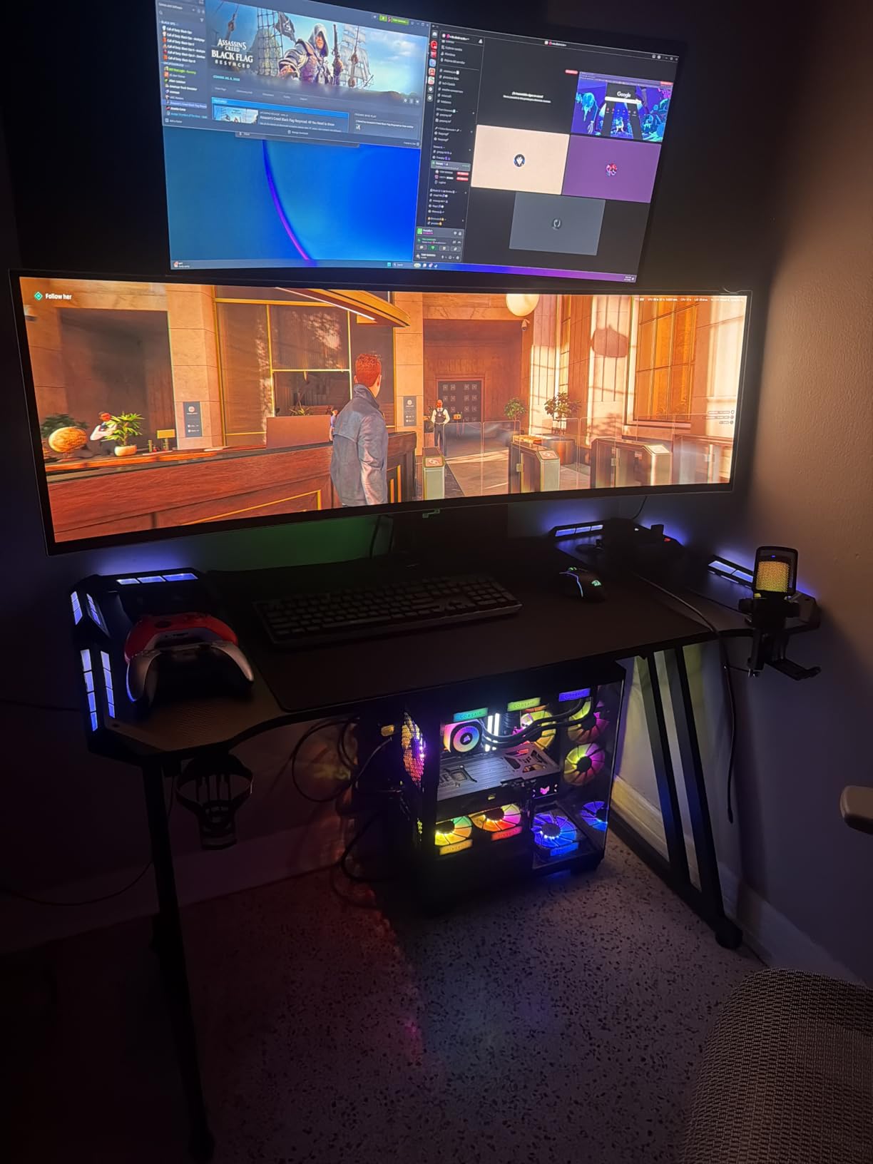 HLDIRECT 55 Inch Gaming Desk with LED Lights Carbon Fibre Surface Gaming Table Large Computer Desk Ergonomic Home Office Desks Z Shaped PC Gamer Workstations with Cup Holder & Headphone Hook Black customer photo 1