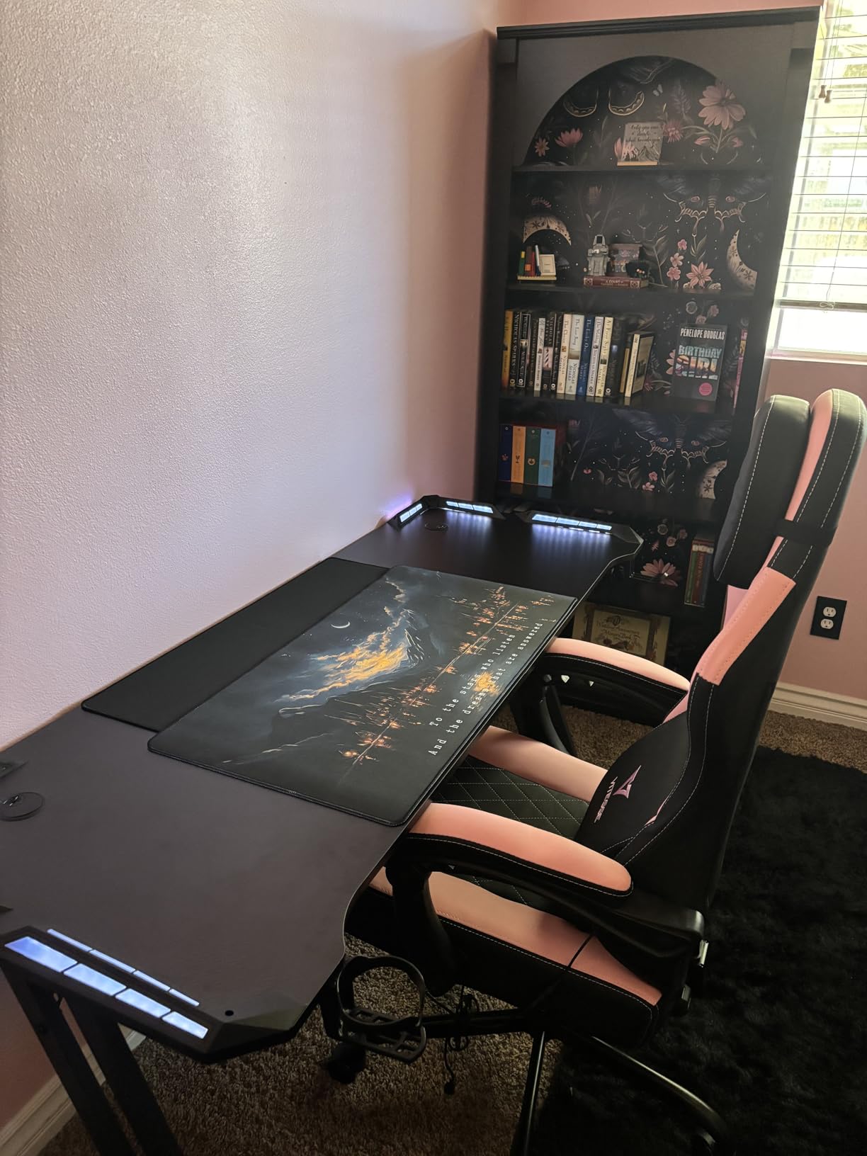 HLDIRECT 55 Inch Gaming Desk with LED Lights Carbon Fibre Surface Gaming Table Large Computer Desk Ergonomic Home Office Desks Z Shaped PC Gamer Workstations with Cup Holder & Headphone Hook Black customer photo 2