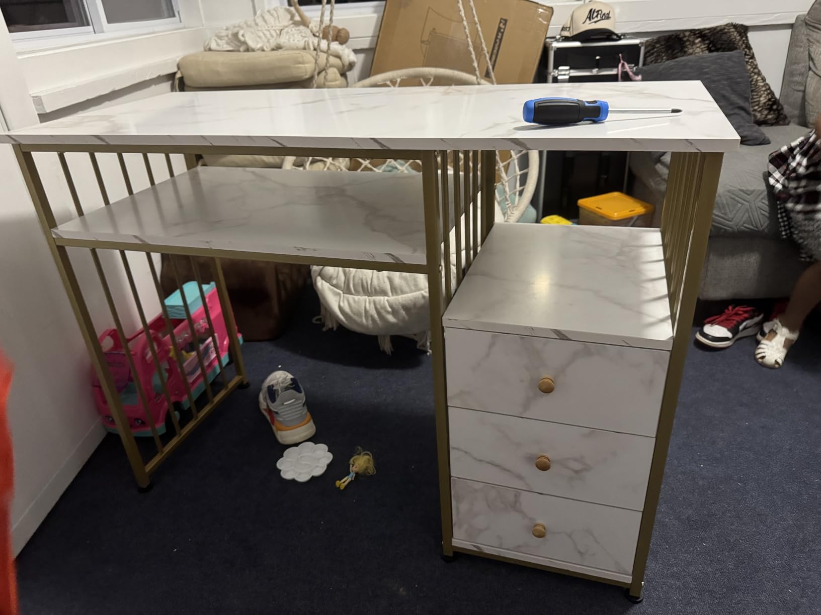 BarberPub Manicure Table for Nail Tech, Golden & Marbling Texture Nail Desk with Storage Drawers and Shelf, Home Salon Spa Equipment, Beauty Nail Table with Metal Frame 2407 customer photo 1