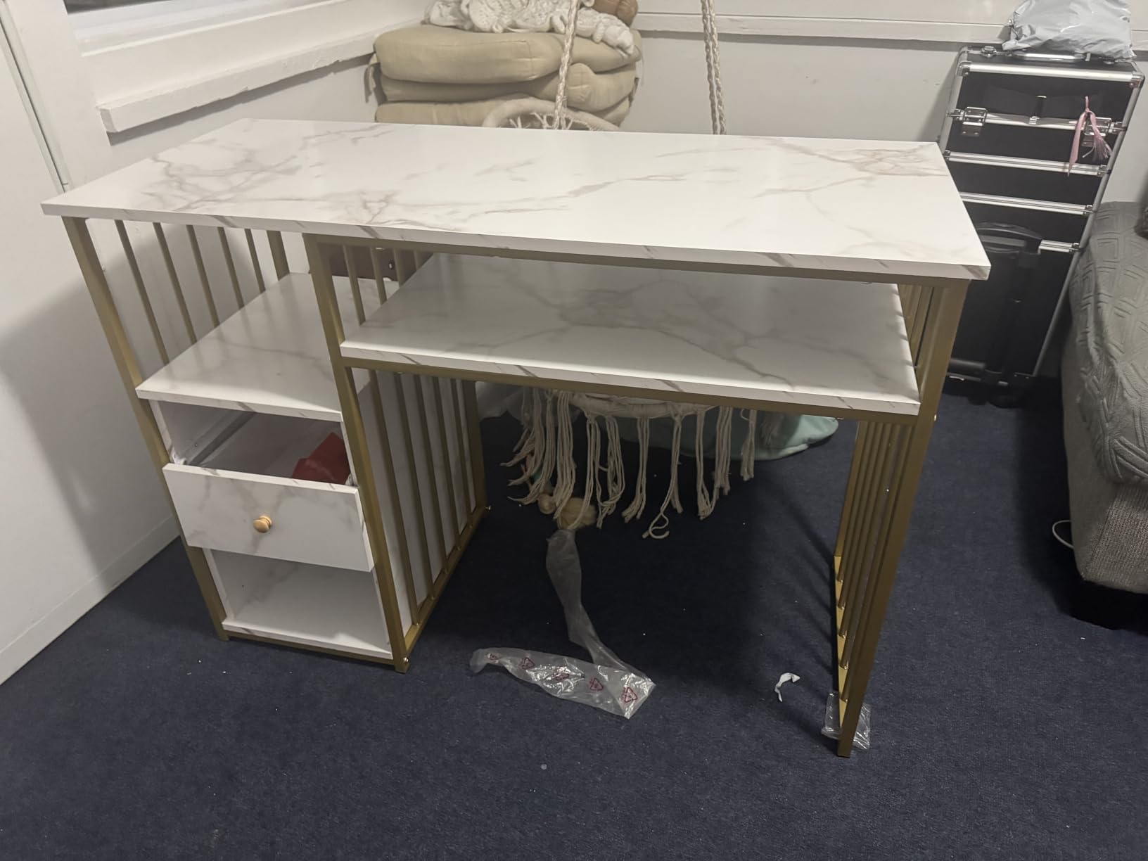 BarberPub Manicure Table for Nail Tech, Golden & Marbling Texture Nail Desk with Storage Drawers and Shelf, Home Salon Spa Equipment, Beauty Nail Table with Metal Frame 2407 customer photo 2