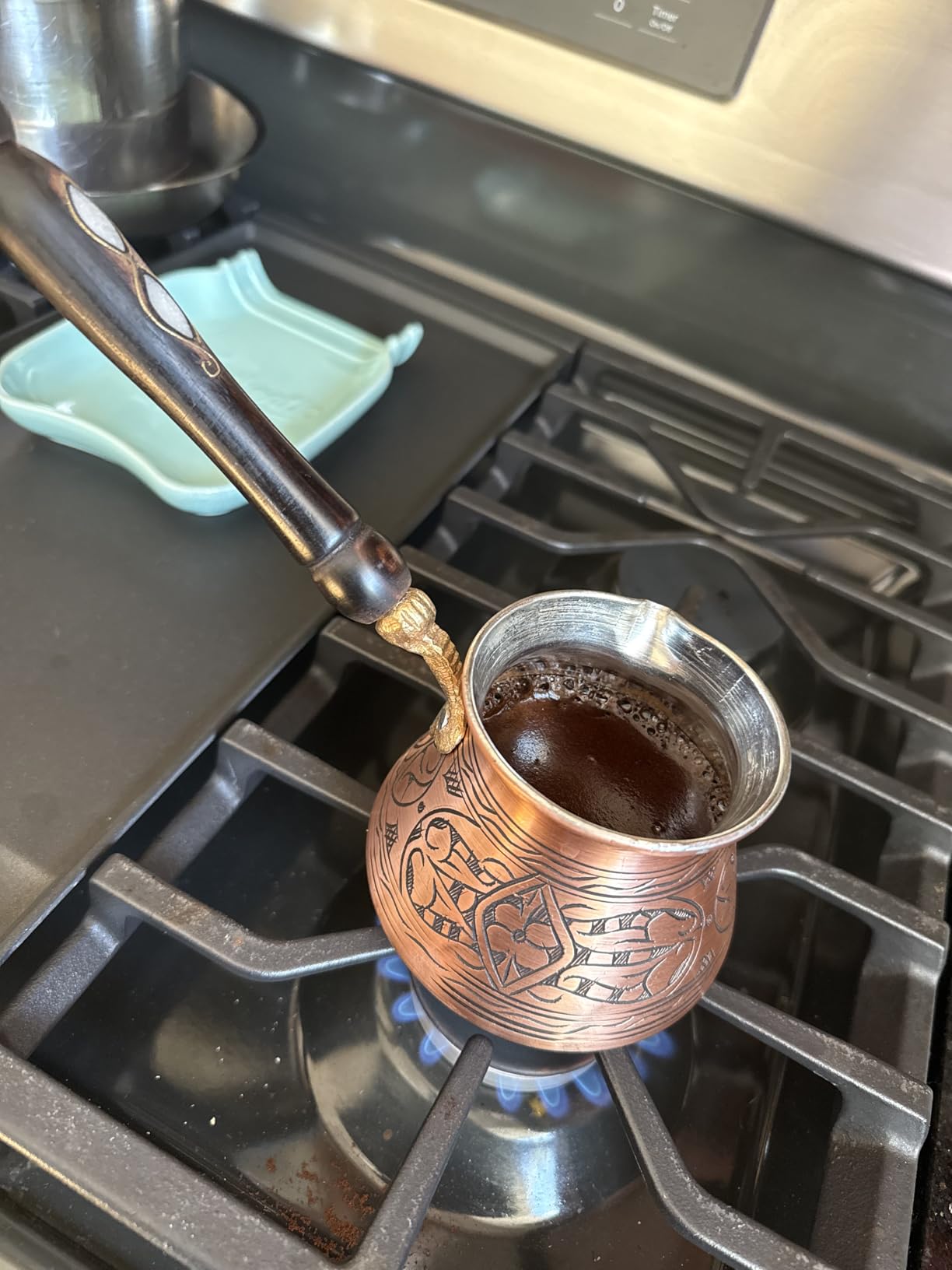BCS 18 Oz X-Large Copper Turkish Greek Arabic Coffee Pot with Wooden Handle (6 servings) Cezve Briki Ibrik Stovetop Coffee Maker (Includes Wooden Spoon) customer photo 1