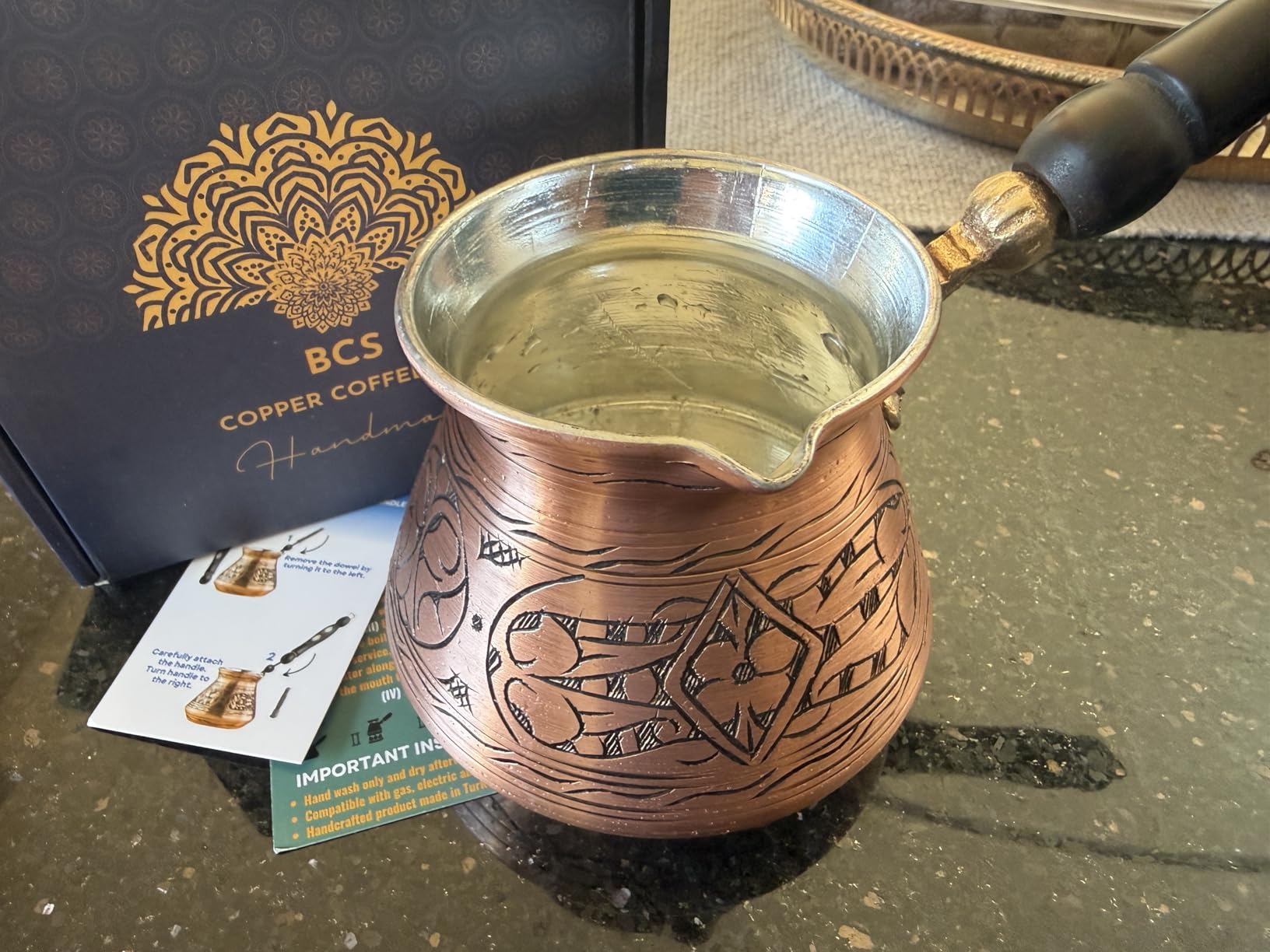 BCS 18 Oz X-Large Copper Turkish Greek Arabic Coffee Pot with Wooden Handle (6 servings) Cezve Briki Ibrik Stovetop Coffee Maker (Includes Wooden Spoon) customer photo 2