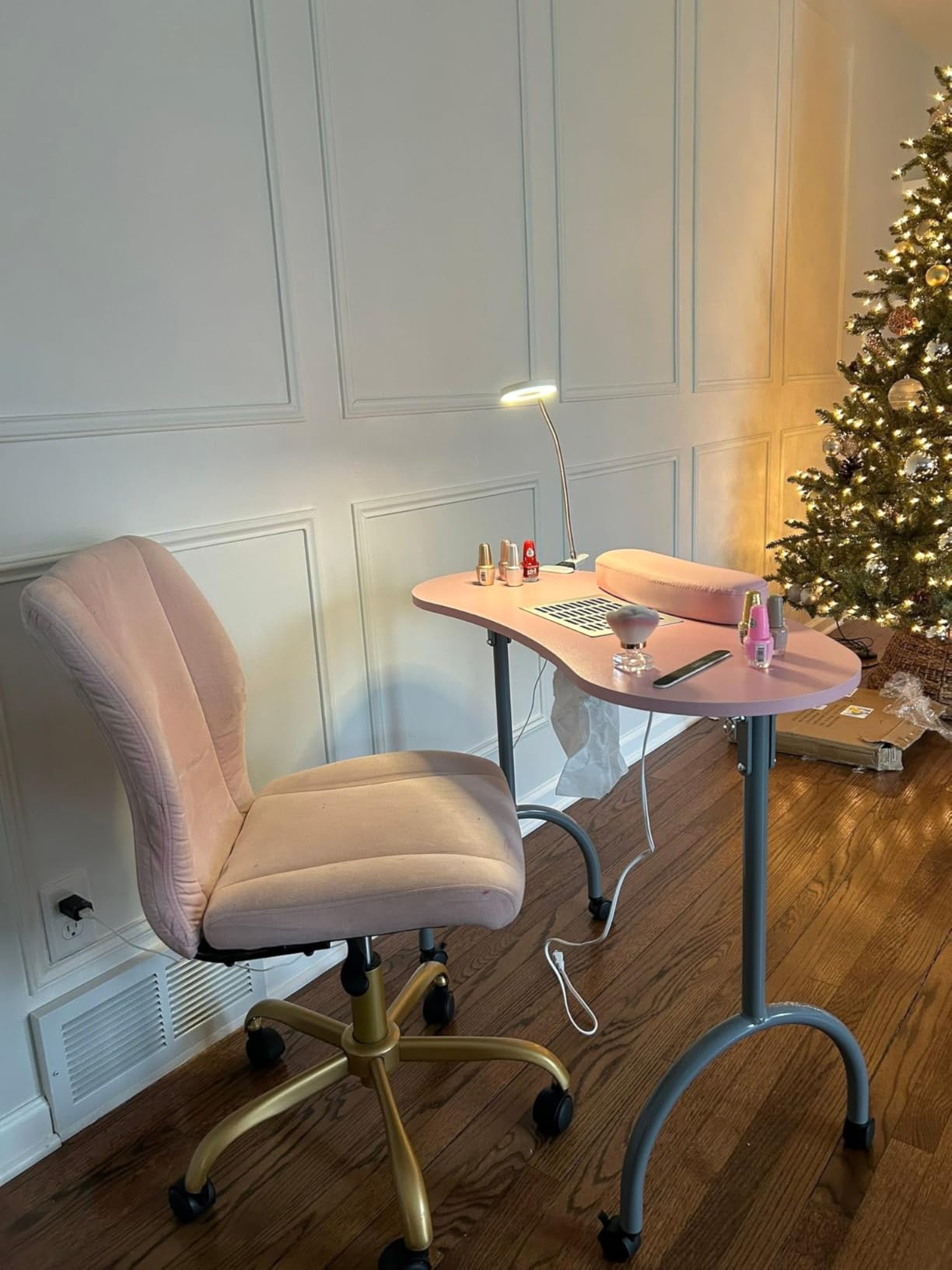 TABU Portable & Foldable Manicure Nail Table, Pink | Nail Desk with Dust Collector Fan, LED Lamp, 4 Lockable Wheels and Carry Bag, Wrist Cushion customer photo 1