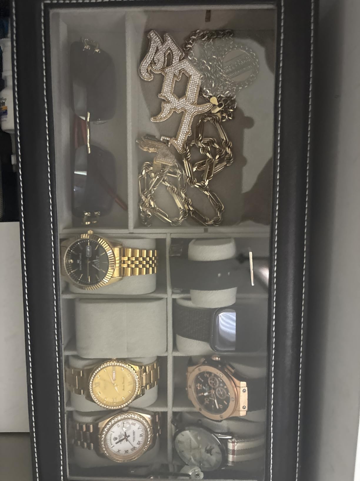 TomCare Watch Box 2-Tier Watch Case Jewelry Organizer Box with Thick Glass Lid Lockable Watch Organizer Jewelry Display Holder Sunglass Rings Necklaces Bracelets Storage Organizer for Men Women, Brown customer photo 1