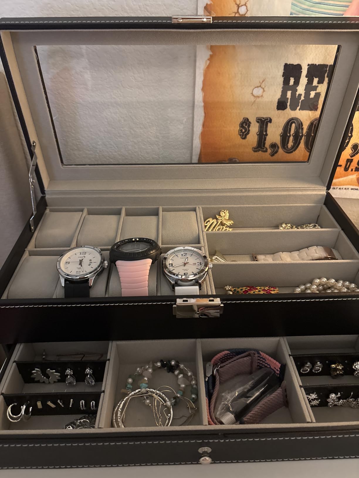 TomCare Watch Box 2-Tier Watch Case Jewelry Organizer Box with Thick Glass Lid Lockable Watch Organizer Jewelry Display Holder Sunglass Rings Necklaces Bracelets Storage Organizer for Men Women, Brown customer photo 2