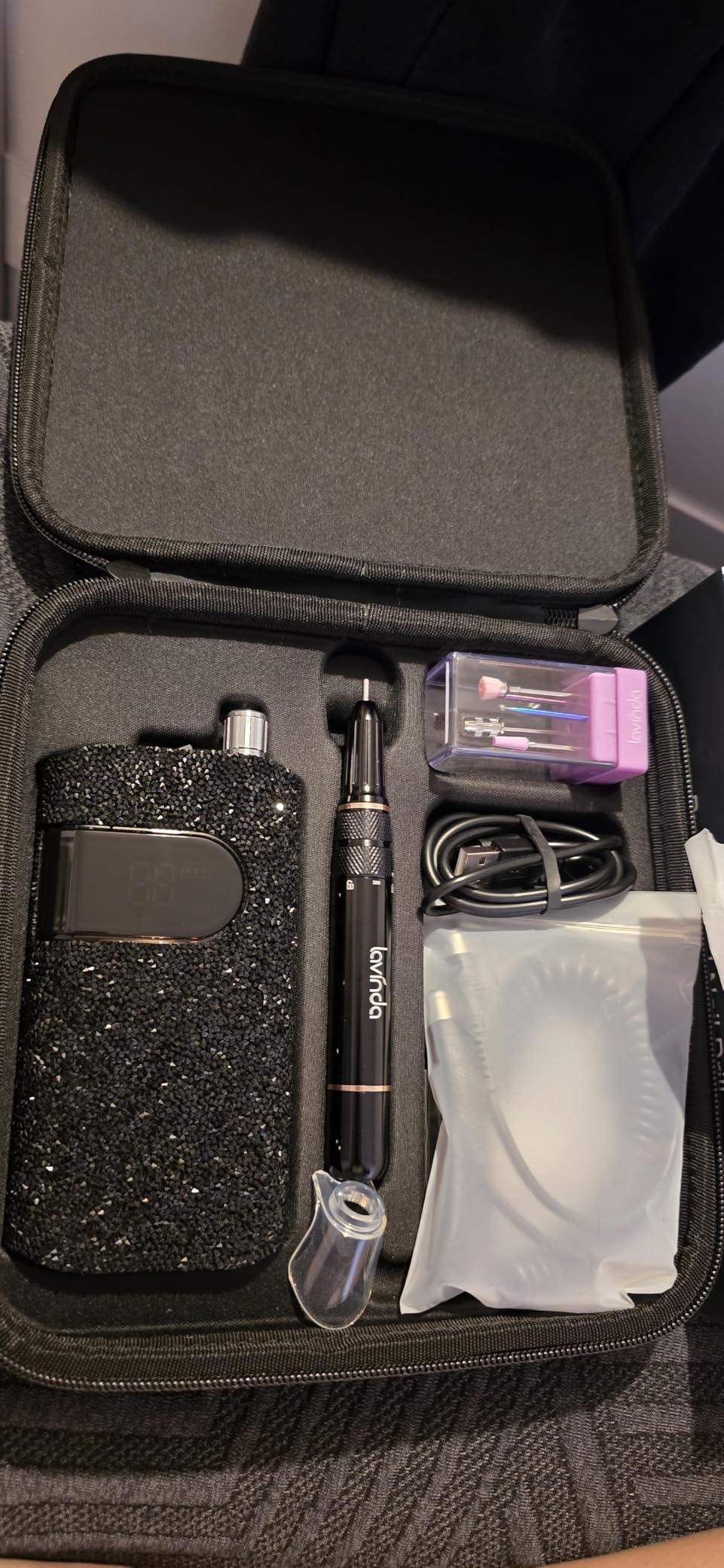 Lavinda Professional Electric Nail Drill Kit, 35000RPM Cordless Portable Machine for Acrylic Gel Nails, Rechargeable E File With Black Rhinestones, Manicure Tools (Black) customer photo 2