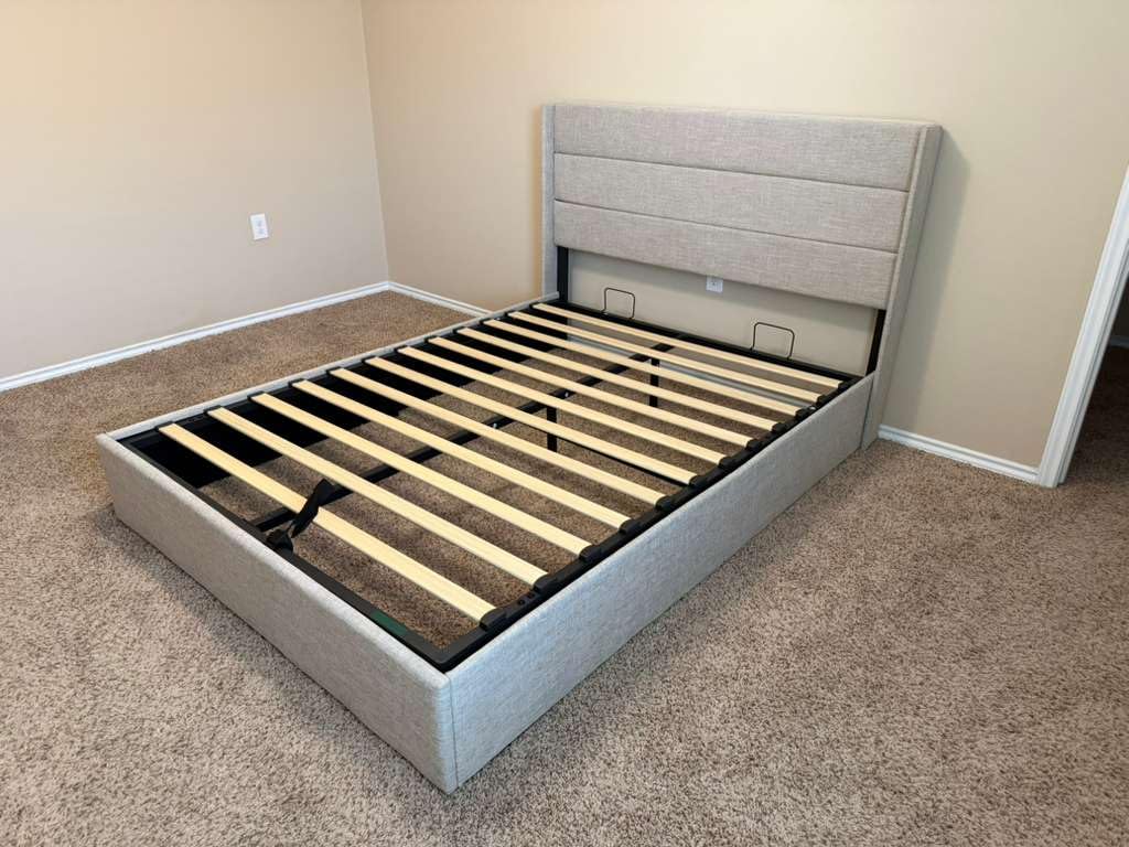 Queen Size Lift Up Storage Bed, Modern Wingback Headboard, Hydraulic Support, No Box Spring Needed, Light Beige customer photo 1