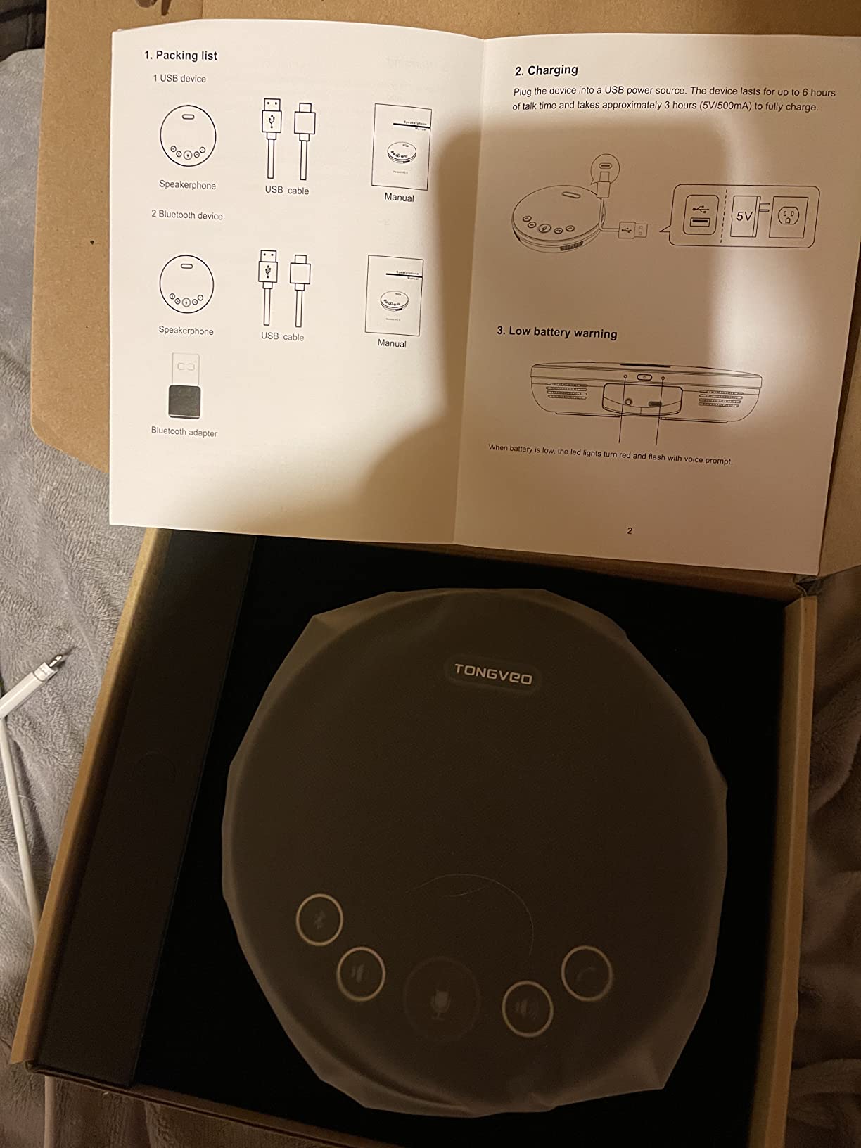 TONGVEO 2-in-1 Conference Speaker and Microphone, Daisy Chain Wireless Bluetooth Speakerphone with 360 degree omnidirectional mics USB/Dongle/Bluetooth Connection 18H Talk Time for 15-30 People Meeting customer photo 2