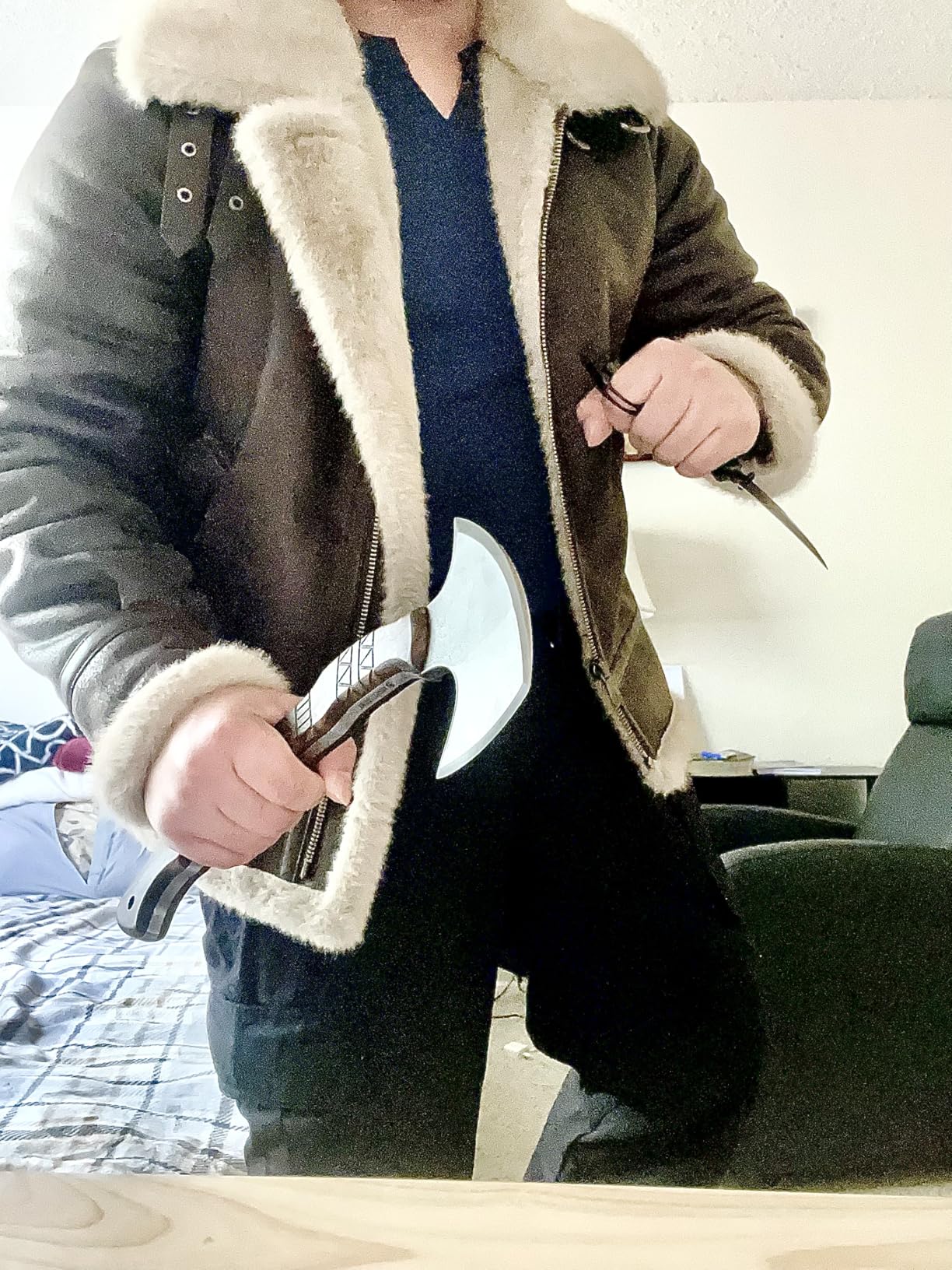 Mens Fur Outdoor Jacket Leather Bomber Shearling Cosplay Coat Brown customer photo 1
