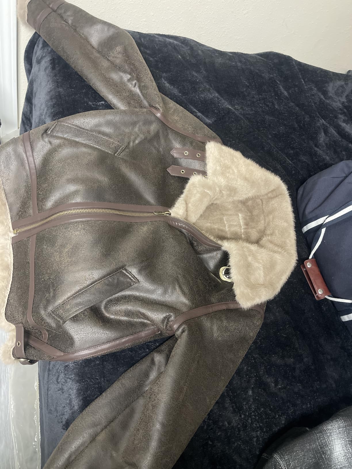 Mens Fur Outdoor Jacket Leather Bomber Shearling Cosplay Coat Brown customer photo 2