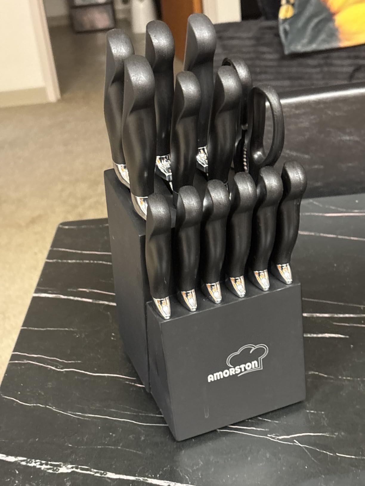 Amorston Knife Set, 15 Piece Kitchen Knife Set with Block and Built in Sharpener, German Stainless Steel Dishwasher Safe Knife Block Set, Black Kitchen Knives Set for Home Cooking customer photo 2