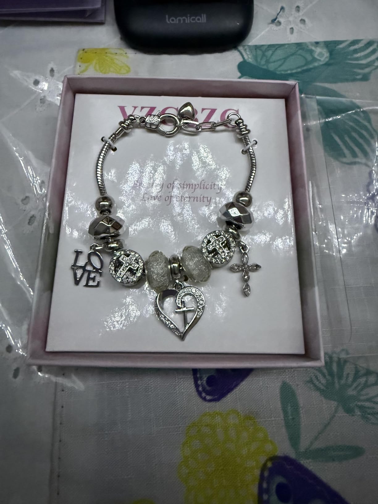 Charm Bracelet for Women, with Crystal and Heart Shape Glass Beads Silver CZ Cross Snake Chain Bracelet, Trendy Charm Bracelet Jewelry Valentine's Day Gifts for Women customer photo 1