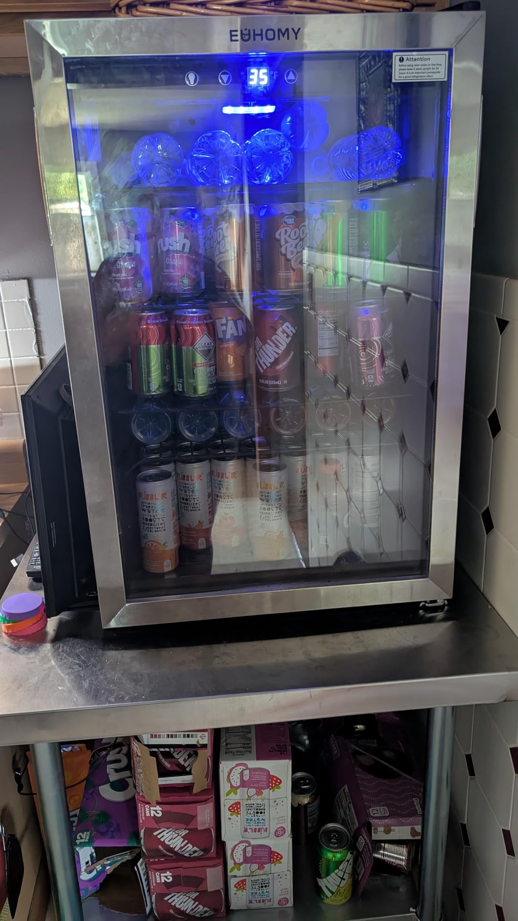EUHOMY 48 Can Beverage Refrigerator cooler-Mini Fridge Glass Door for Beer Drinks Wines, Countertop Beverage Fridge with Adjustable Shelves Blue LED for Home/Office/Dorm/Bar, 1.3 cu.ft customer photo 1