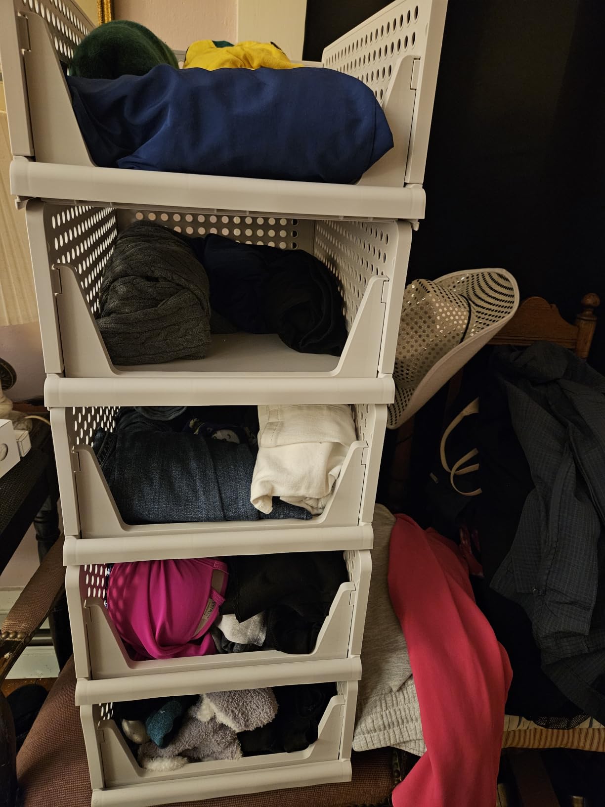 5 Pack Stackable Closet Storage Basket - Stackable Storage Bins, Multifunctional & Foldable Closet Organizer Waterproof, Wardrobe Cupboard Space-Saving Hat Storage Drawer Organizer, White customer photo 2