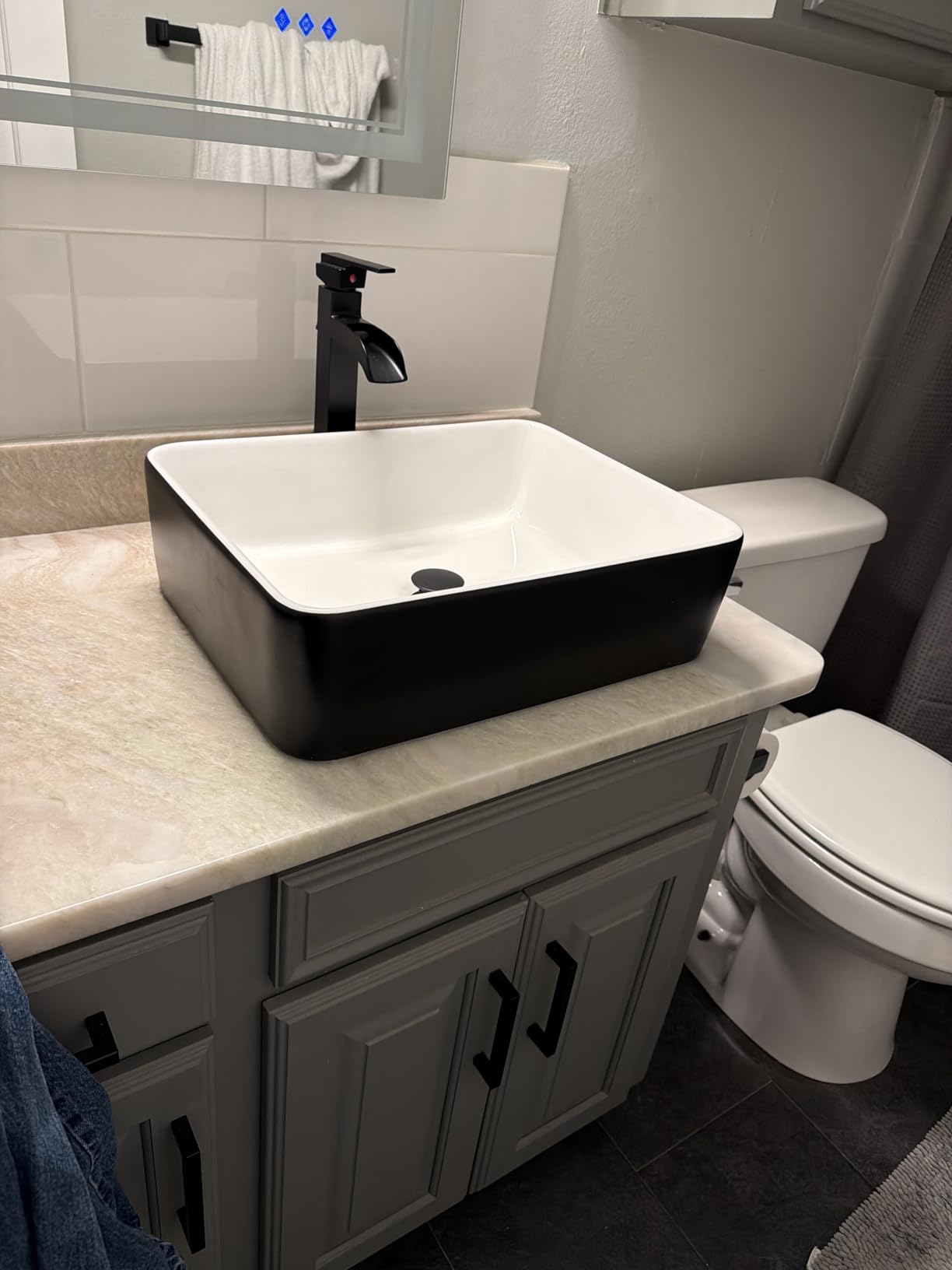 Vessel Sink Faucet Black 12 Inch Waterfall Tall Bathroom Faucet One Hole with Pop-Up Drain and Pre-Installed Hoses Single Handle Brass Material customer photo 1