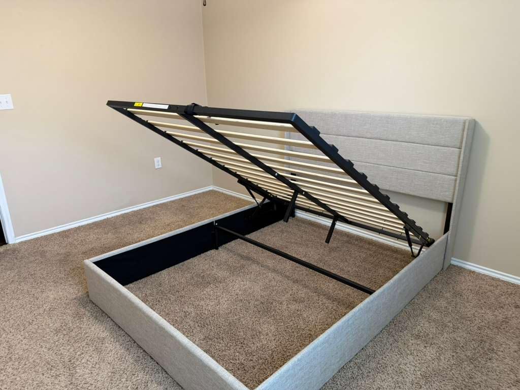 Queen Size Lift Up Storage Bed, Modern Wingback Headboard, Hydraulic Support, No Box Spring Needed, Dark Grey customer photo 1