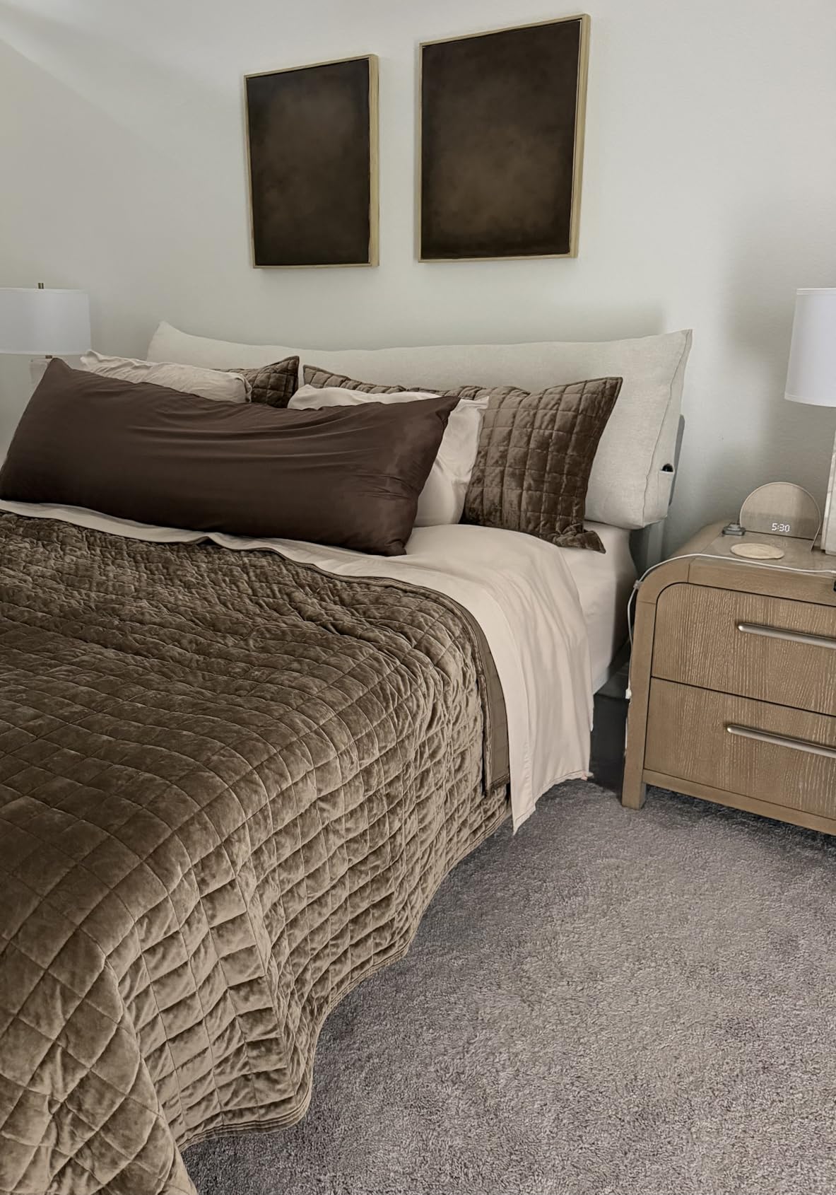 RECYCO Luxury Velvet Quilt Set King Size Bedding Sets, Ultra Soft Velvet Comforter Set, Lightweight Channel Box Stitch Oversized Bedspread Coverlet for All Season, with 2 Shams, Beige customer photo 1