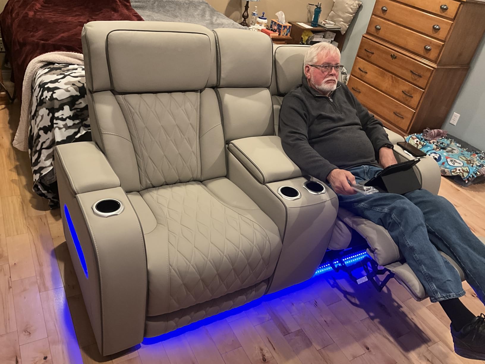Signature Design by Ashley Boyington Contemporary Leather Match Power Reclining Sofa with USB Charging Ports, LED Lights and Adjustable Headrest, Light Gray customer photo 2