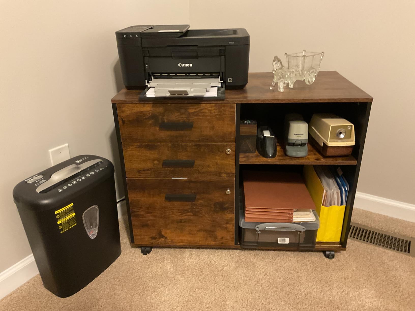 DEVAISE 3-Drawer Wood File Cabinet with Lock, Mobile Lateral Filing Cabinet, Printer Stand with Open Storage Shelves for Home Office, Rustic Brown customer photo 1