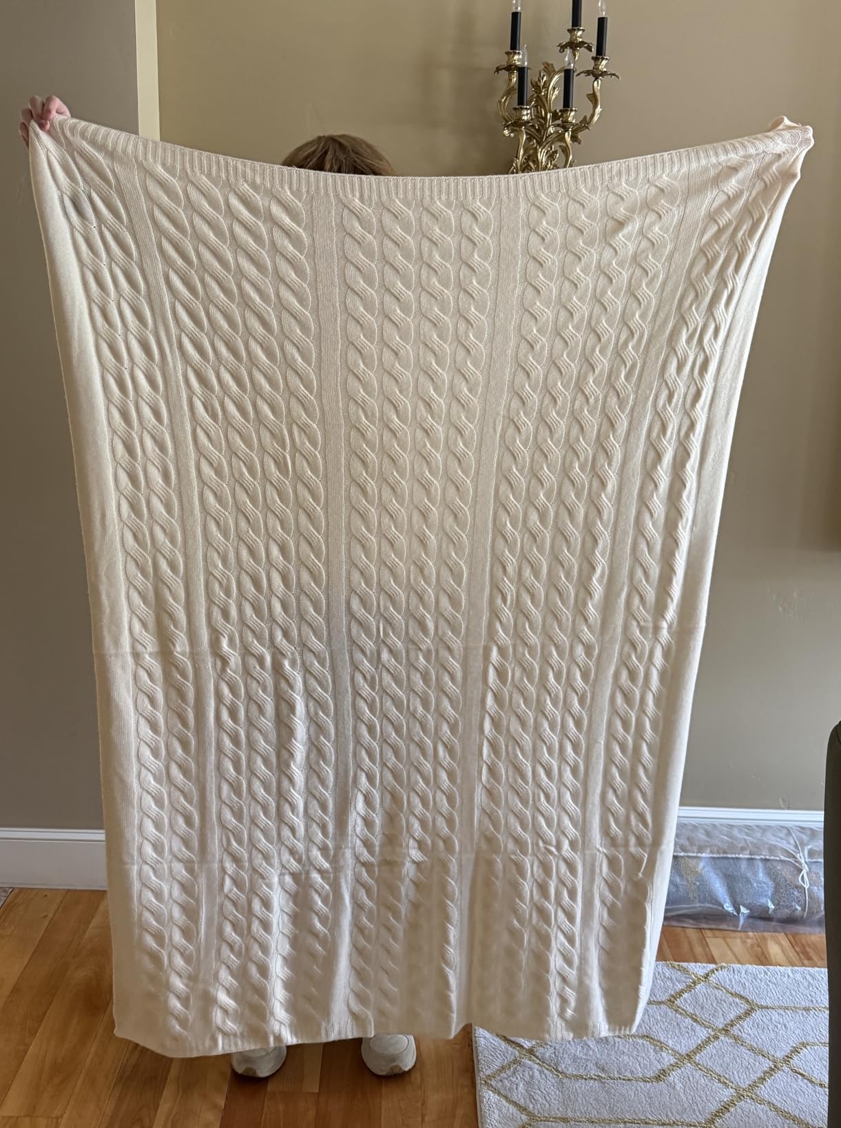 100% Pure Cashmere Throw Blanket for Couch - Cable Knit Cashmere Blanket 50x60 - Soft Warm Breathable Throws for Sofa, Bed - Grade A Long Staple - Machine Washable (Cream) customer photo 1