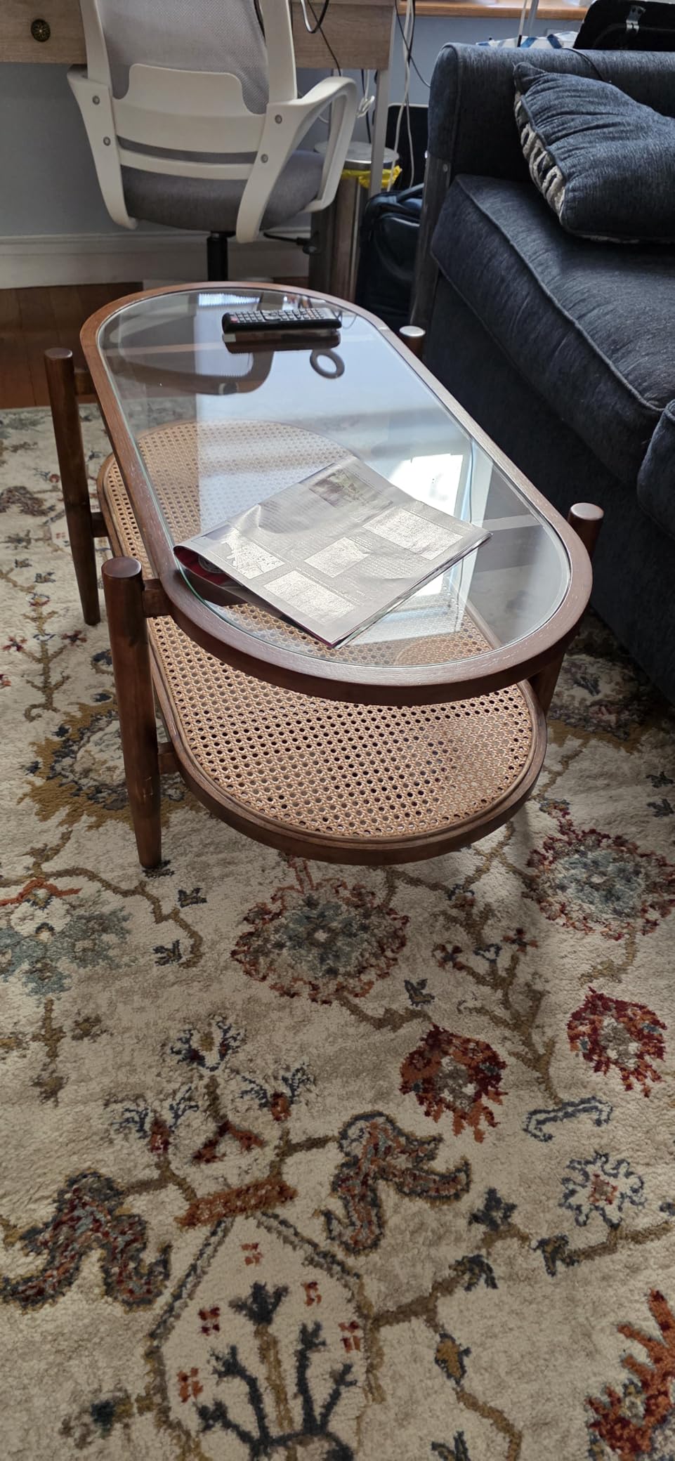 Giantex Rattan Coffee Table, 2-Tier Oval Wood Tea Table with Tempered Glass Tabletop & PE Rattan Storage Shelf, 40