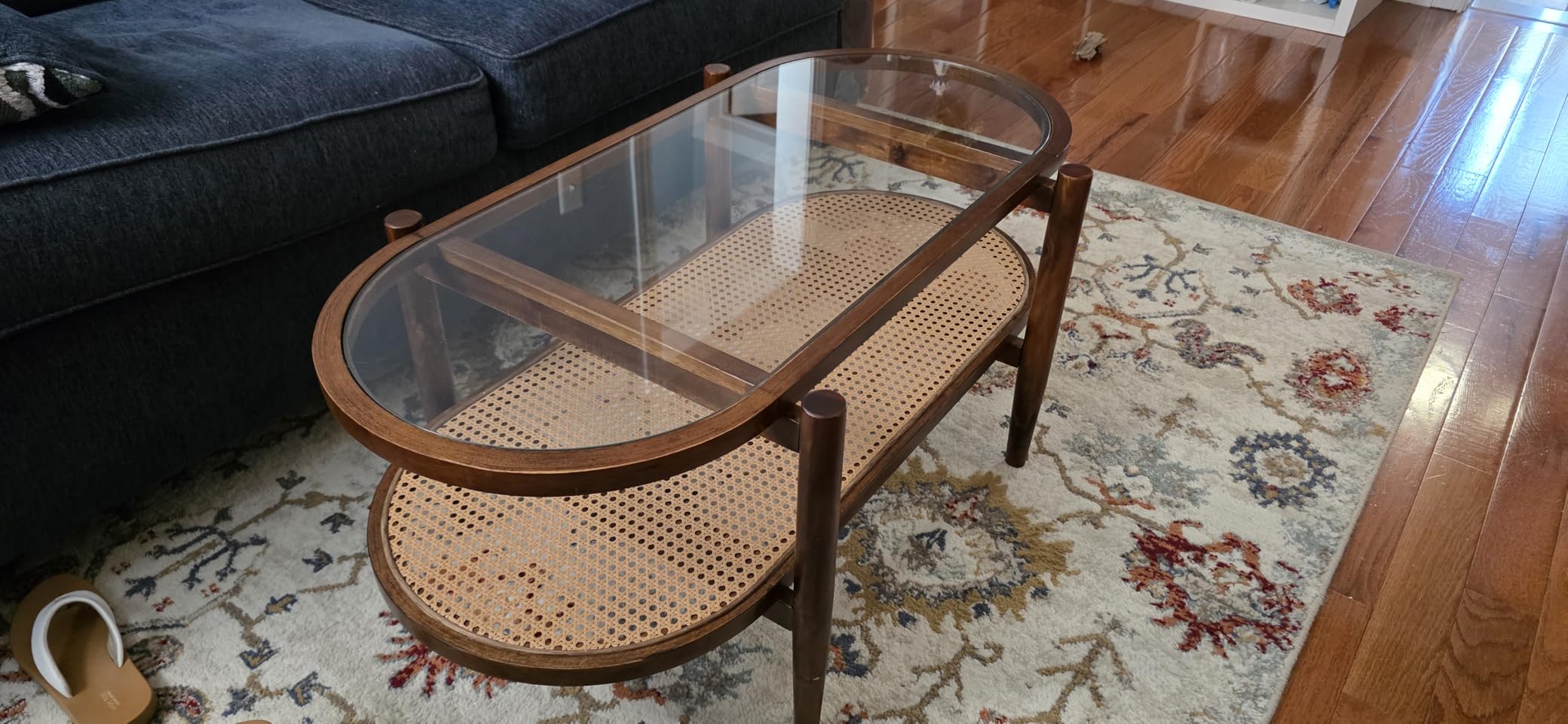 Giantex Rattan Coffee Table, 2-Tier Oval Wood Tea Table with Tempered Glass Tabletop & PE Rattan Storage Shelf, 40