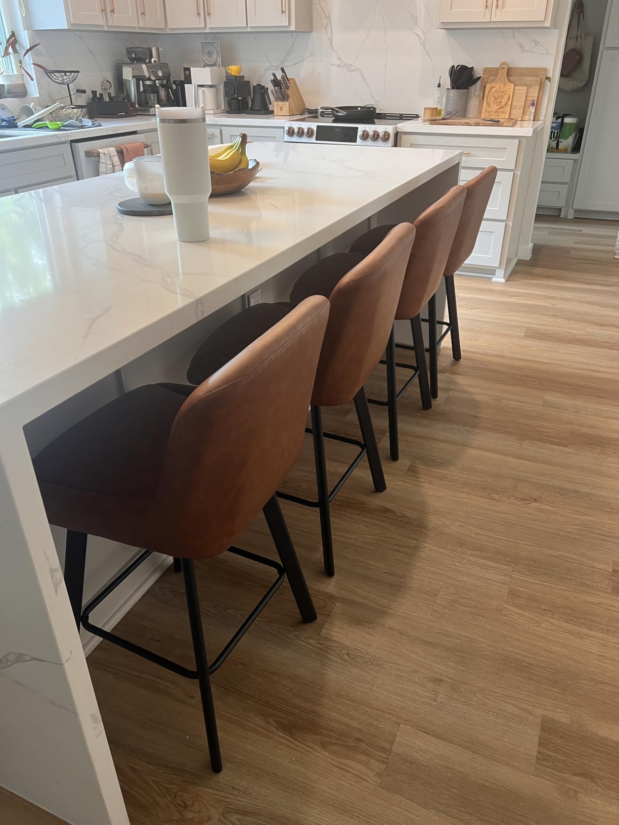 SAECKBERG Swivel Bar Stools Set of 3, 26''H Upholstered Barstools with Backs, Modern Counter Height Bar Stool Chairs for Kitchen Island, Metal Legs, Faux Leather, Brown Counter Stools customer photo 1