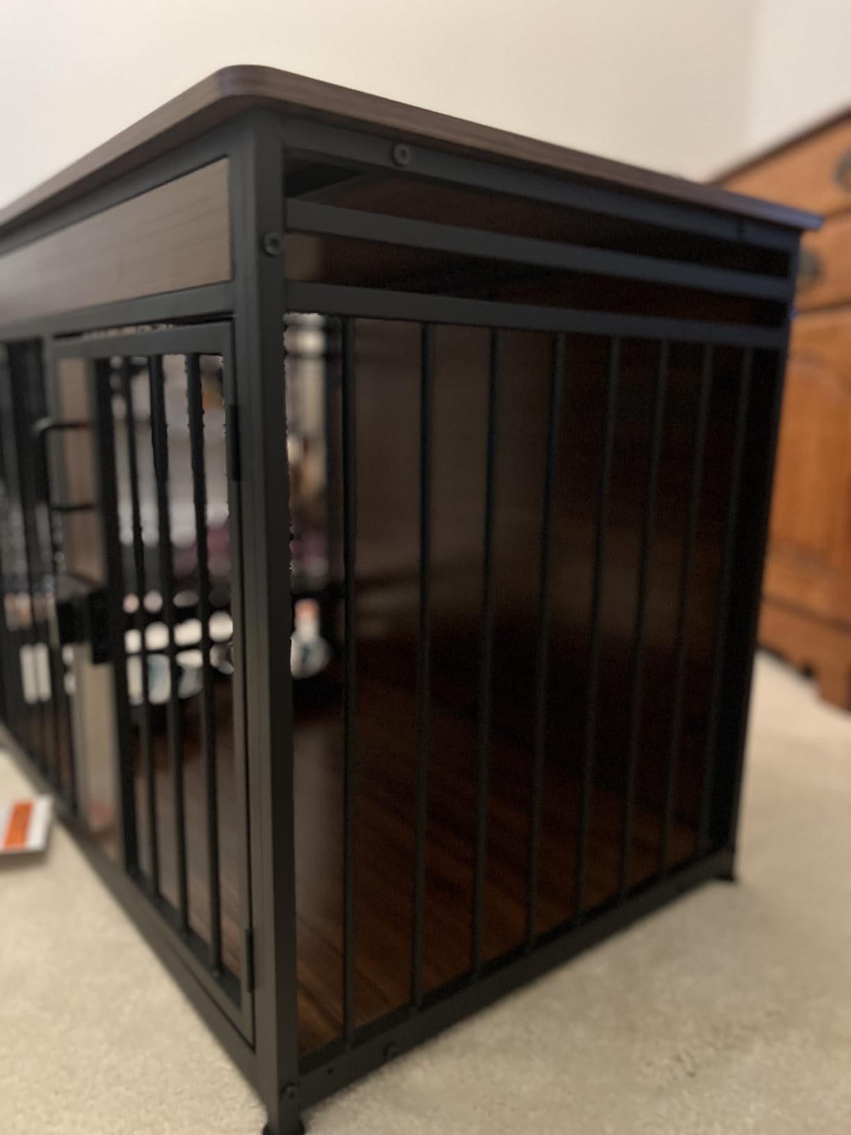 Amazon Basics Furniture Style Dog Crate, Sturdy Wooden Pet Kennel, End Table with Space for Pet, Two Bowls Included, 30
