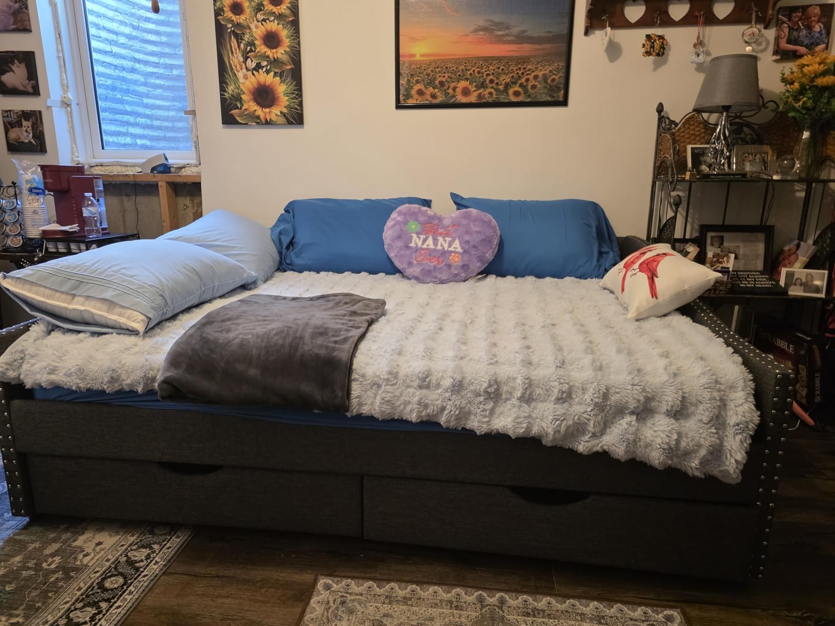 Flieks Linen Upholstered Twin Size Daybed with Two Drawers, Twin Size Sofa Bed Daybed with Button Tufted Backrest, Nailhead Trim and Wood Slat Support, Gray customer photo 2